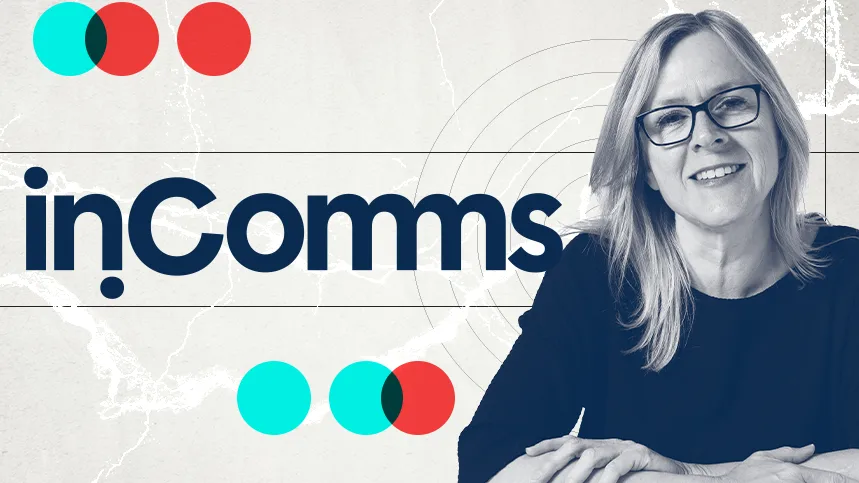 Portrait of the Editor of in.comms on a background with the logo of in.comms
