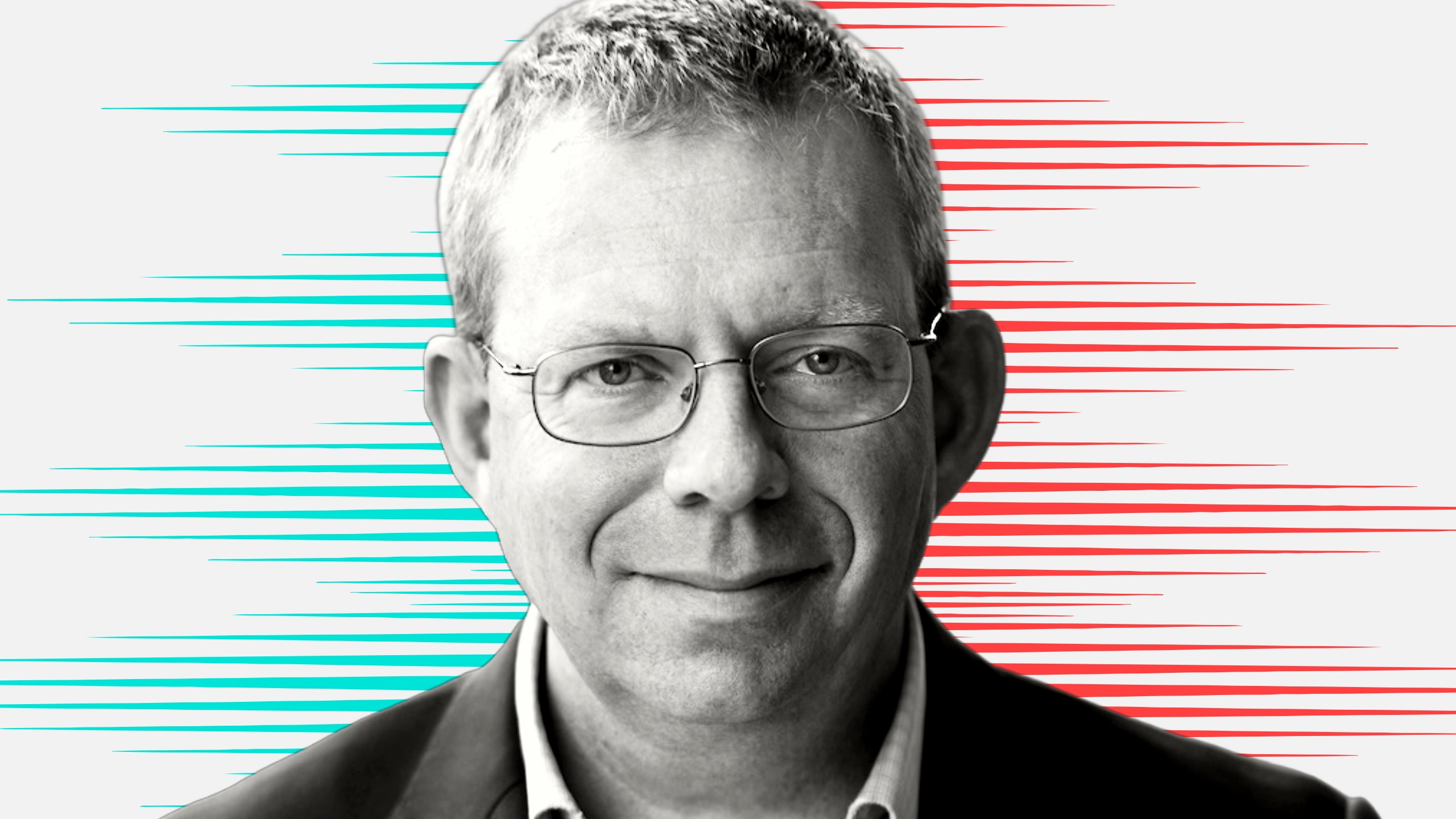 Black and white cut out head and shoulders portrait of Richard Messingham on People Moves-style blue and red stripy background