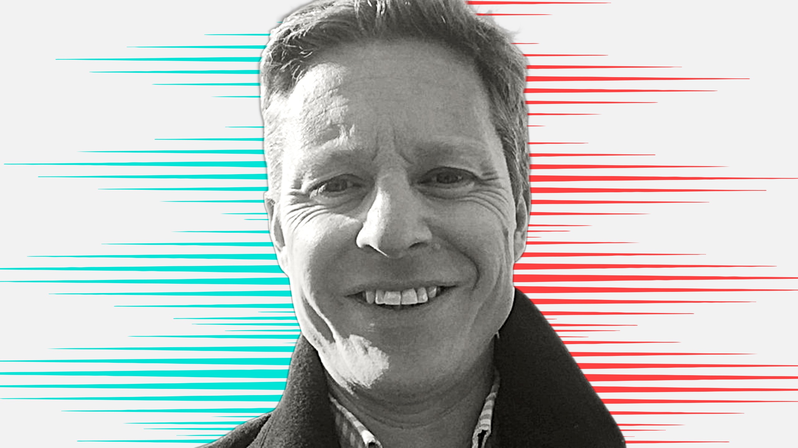 Black and white cut out head and shoulders portrait of Nick Baker on People Moves-style blue and red stripy background