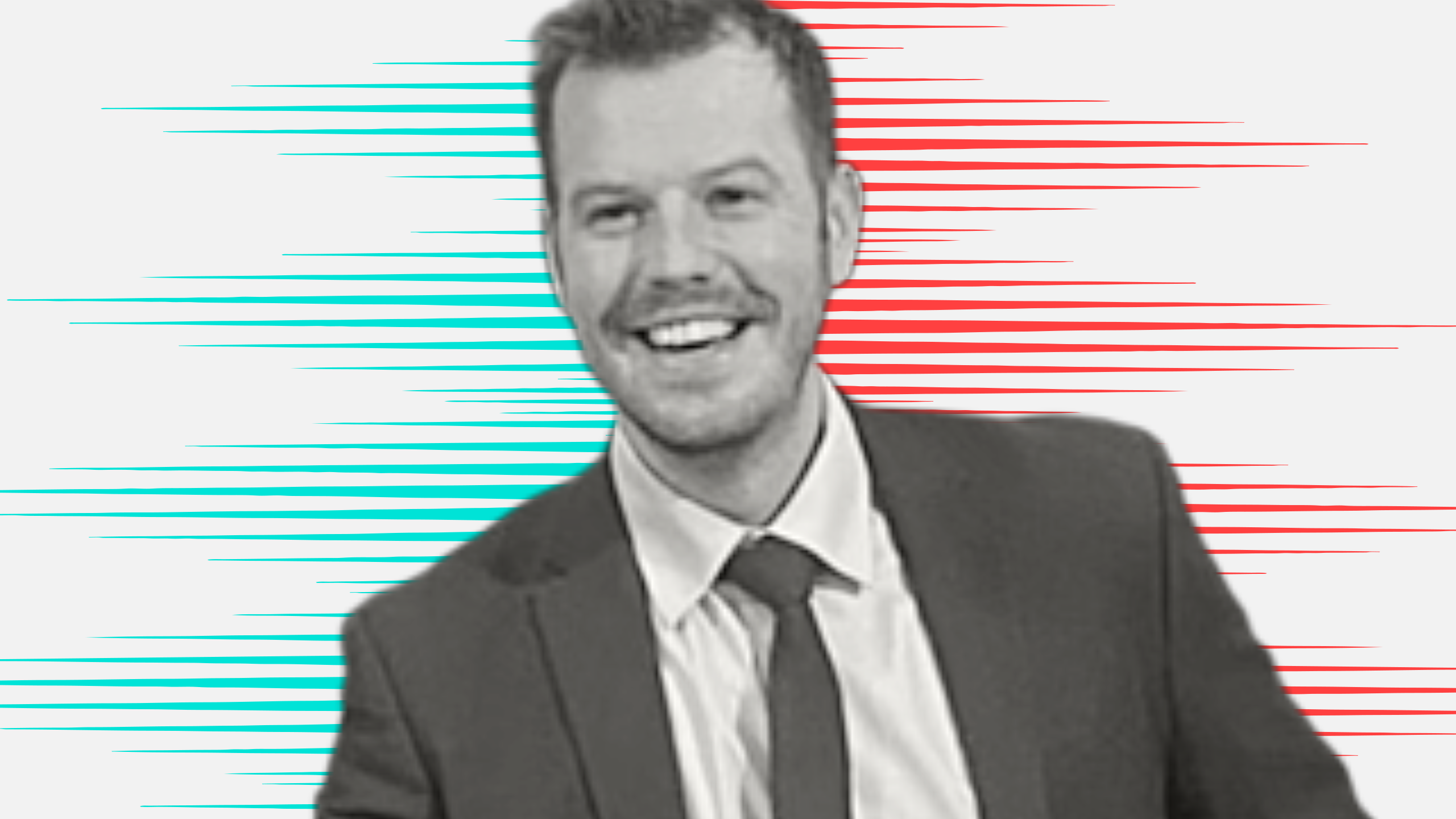 Black and white cut out head and shoulders portrait of Owen James Evans on People Moves-style blue and red stripy background
