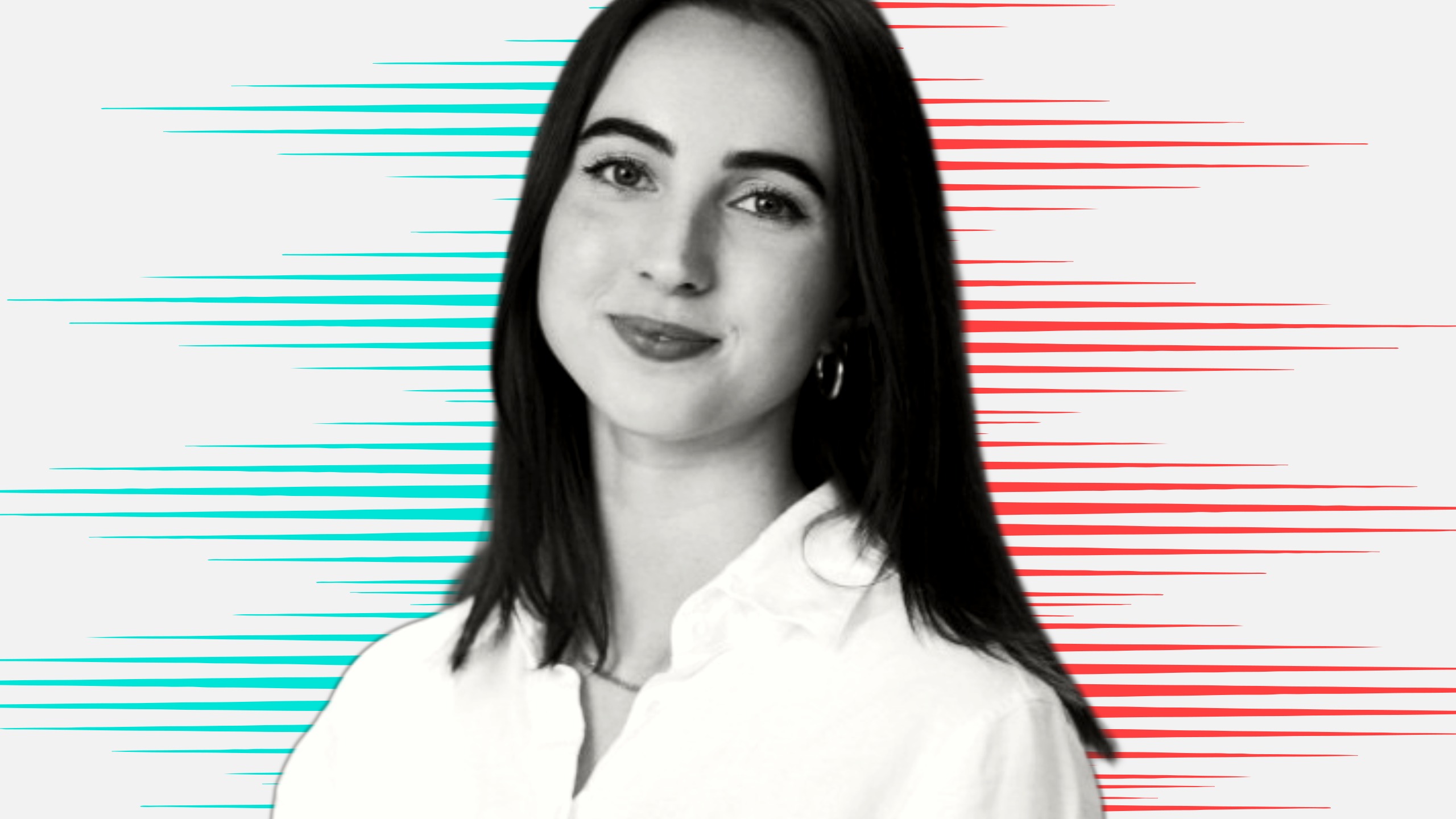Black and white cut out head and shoulders portrait of Molly Treanor on People Moves-style blue and red stripy background