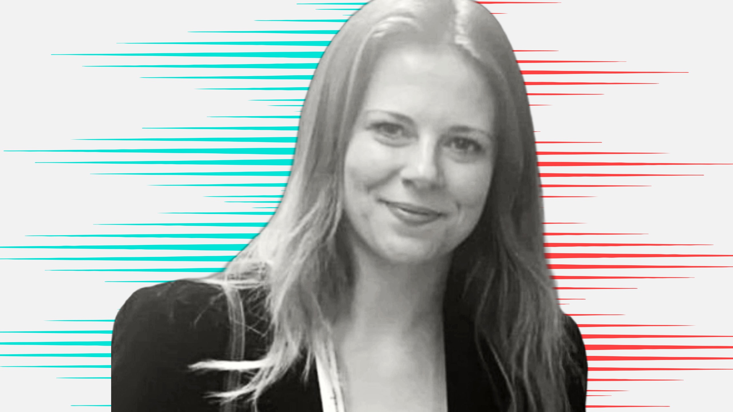 Black and white cut out head and shoulders portrait of Alice Grimes on People Moves-style blue and red stripy background