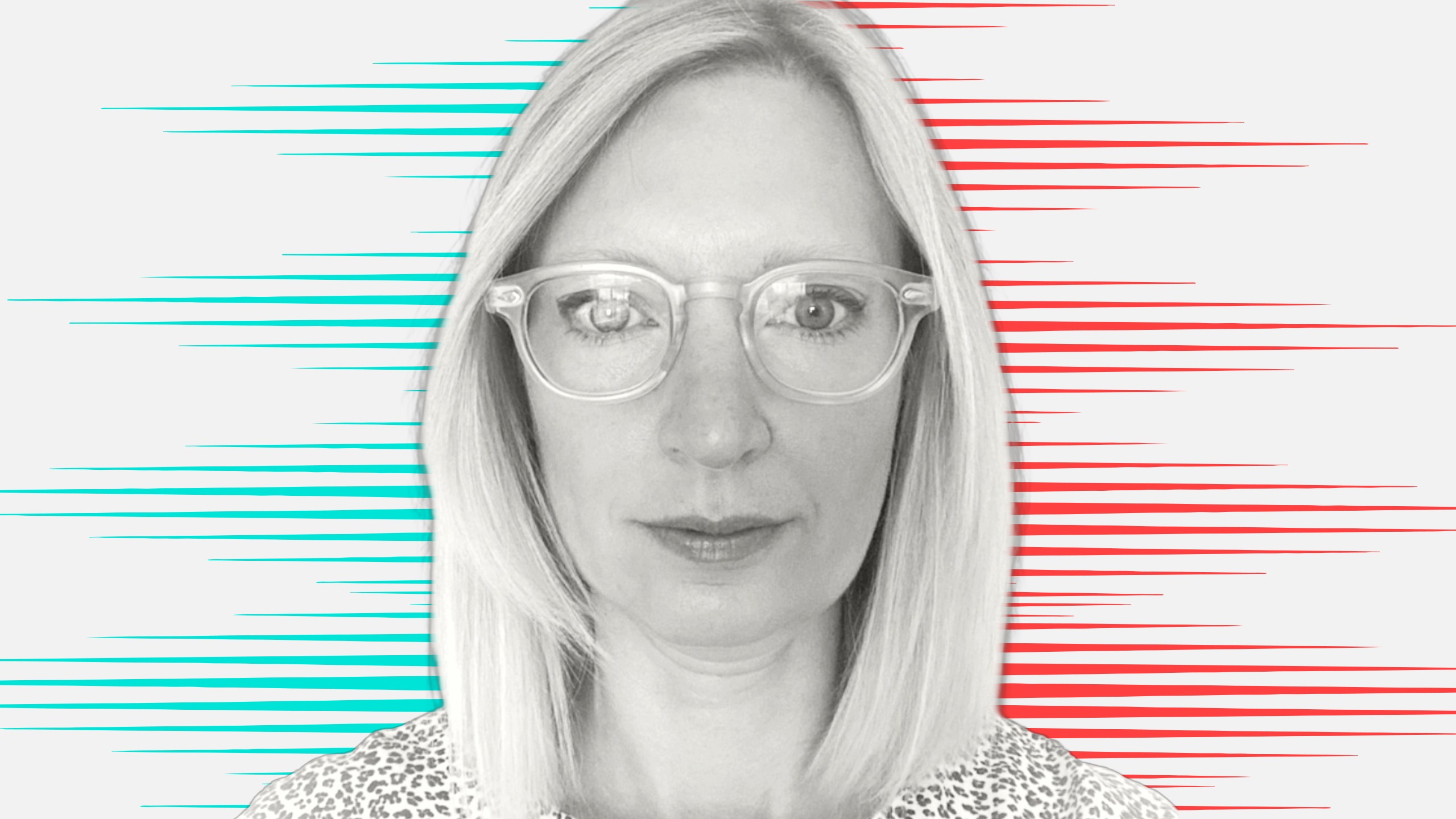 Black and white cut out head and shoulders portrait of Joanna Duggan on People Moves-style blue and red stripy background