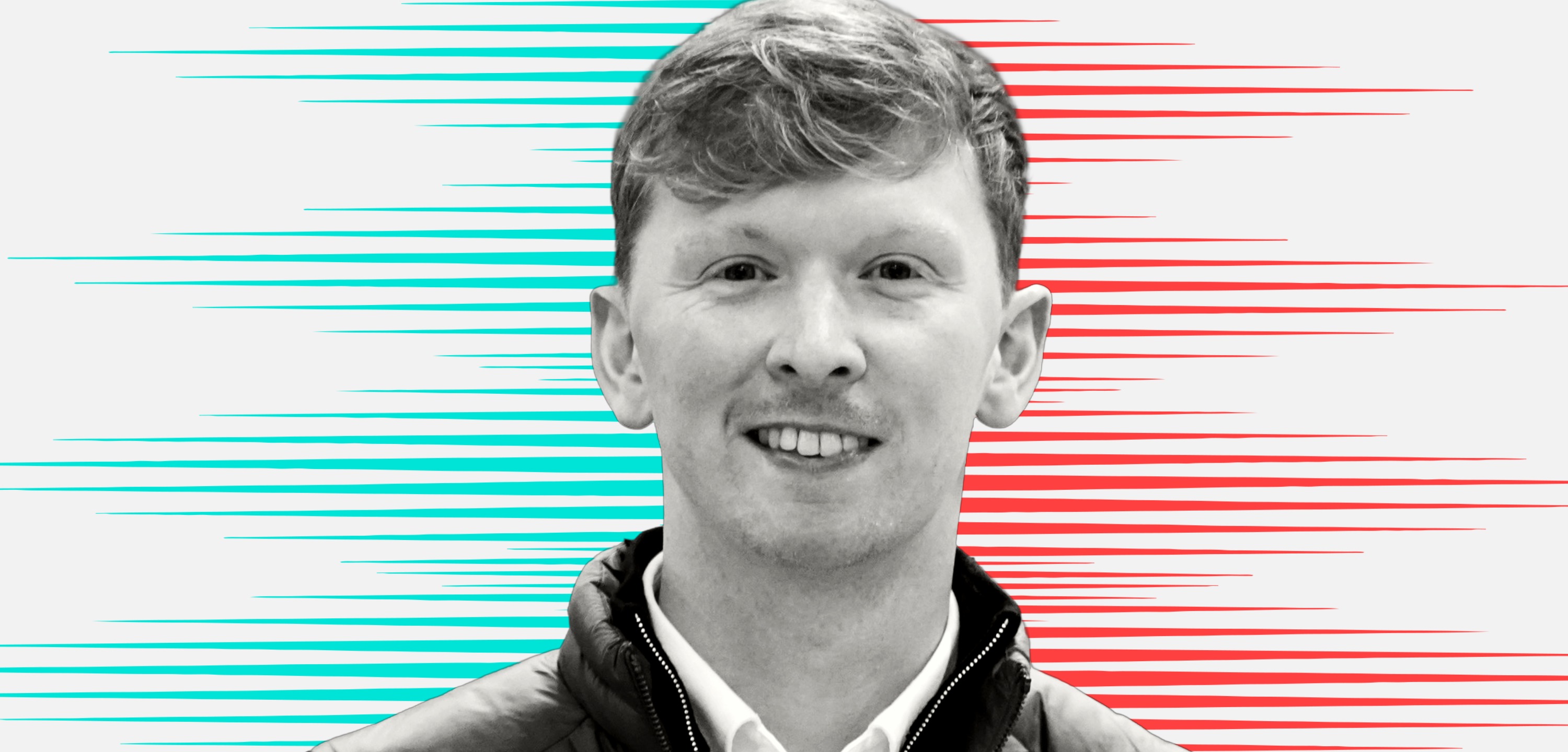 Black and white cut out head and shoulders portrait of Max Harris-Jones on People Moves-style blue and red stripy background