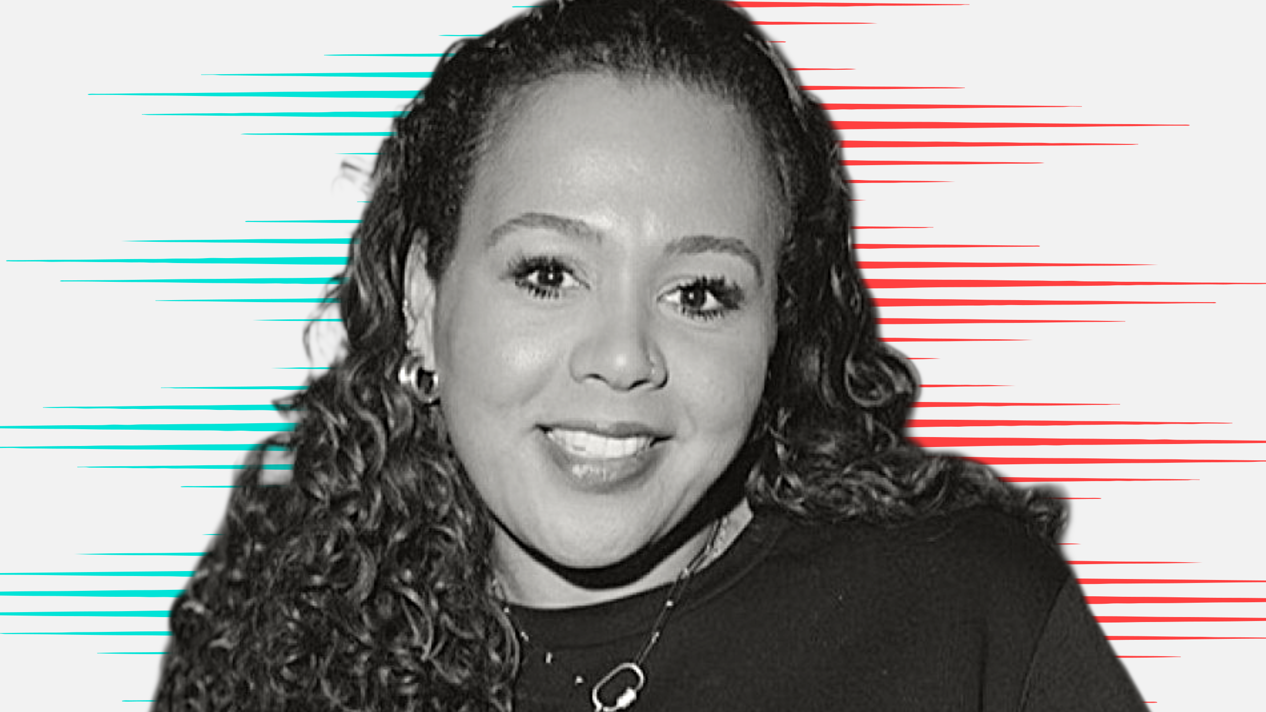 Black and white cut out head and shoulders portrait of Amy Simon on People Moves-style blue and red stripy background