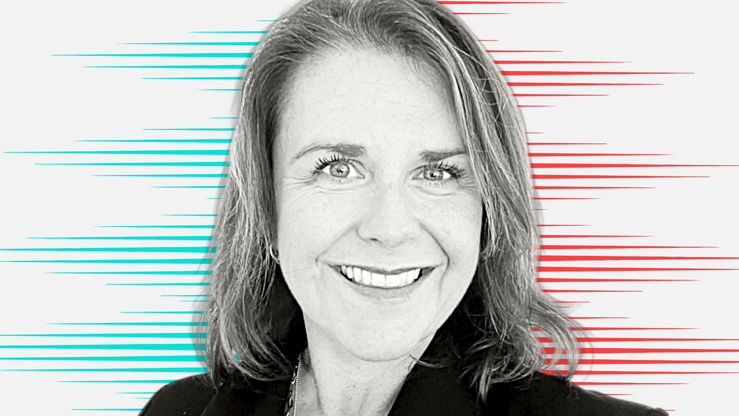Black and white cut out head and shoulders portrait of Louise Prior on People Moves-style blue and red stripy background