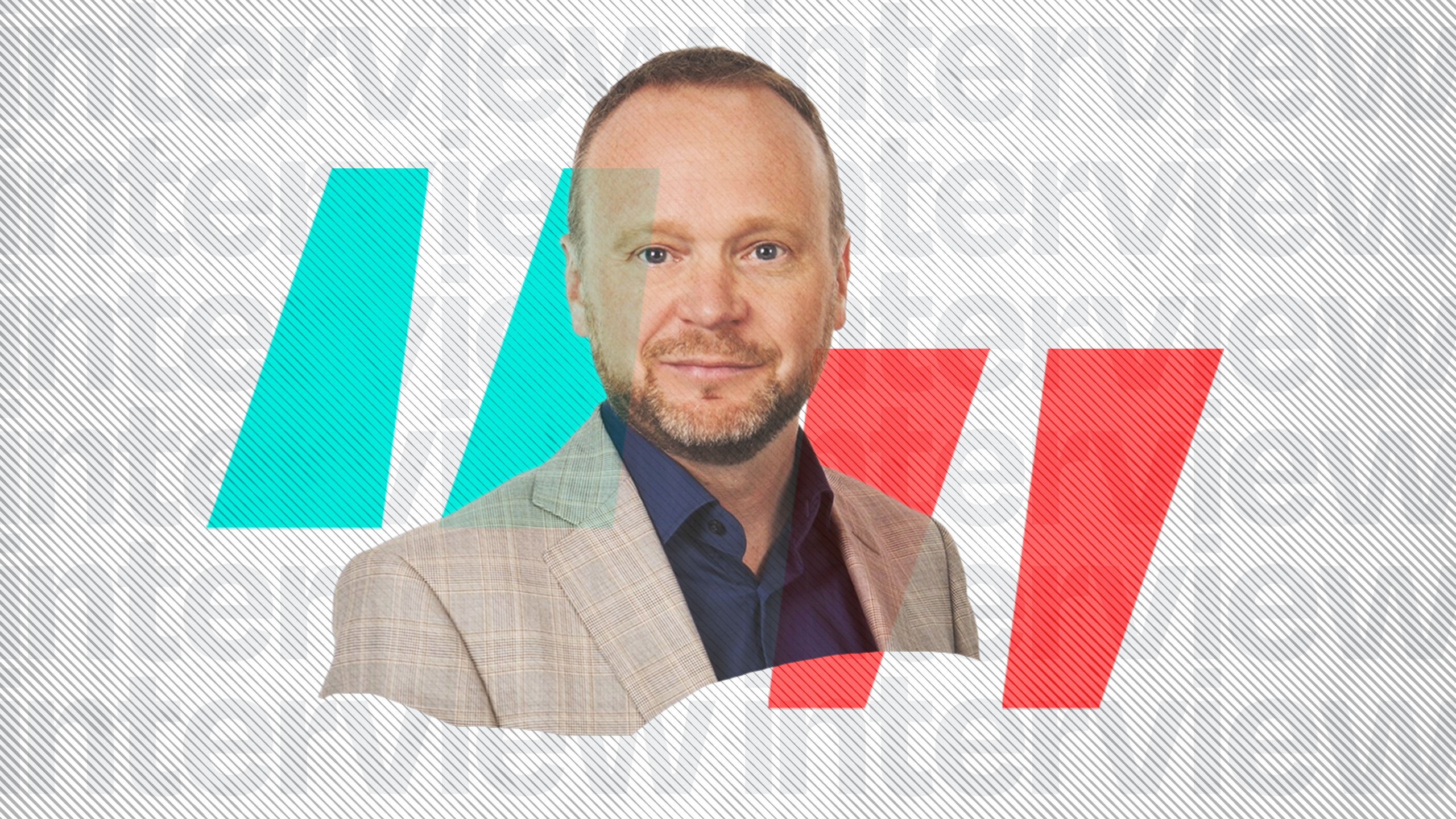 Photo of Jon Sellors on a grey background with blue and red speech marks
