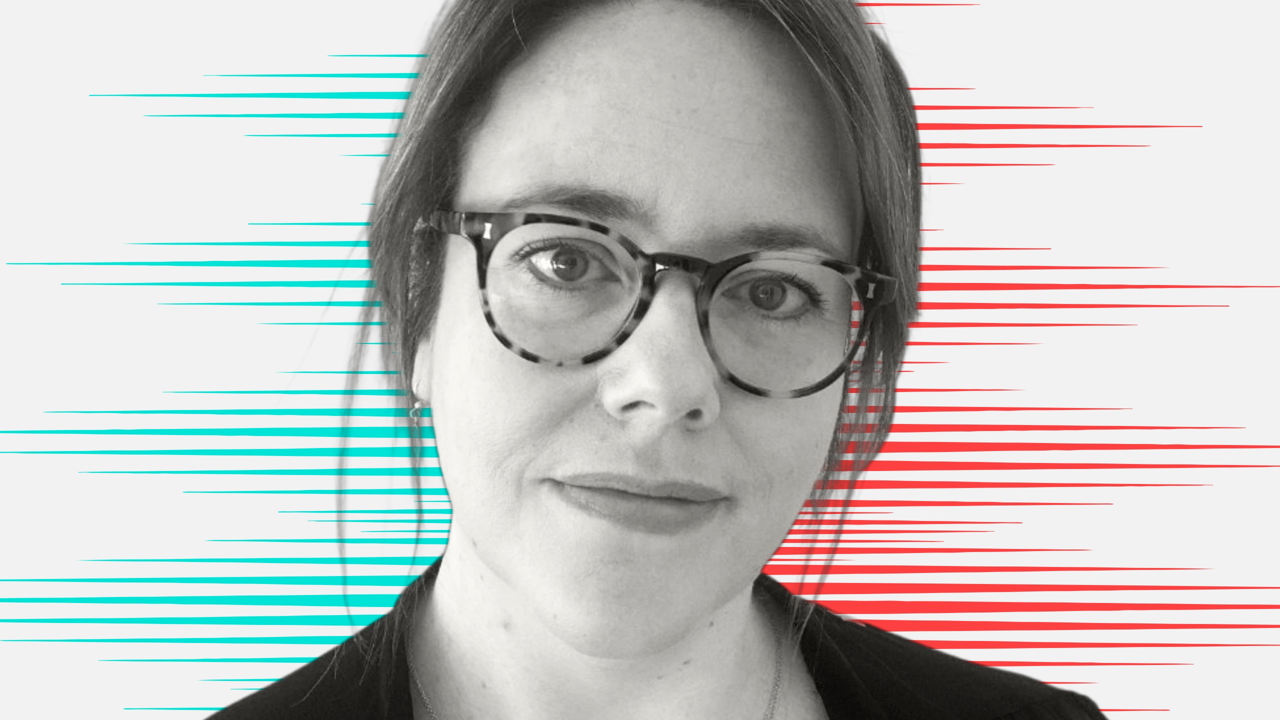 Black and white cut out head and shoulders portrait of Hannah Bourne on People Moves-style blue and red stripy background