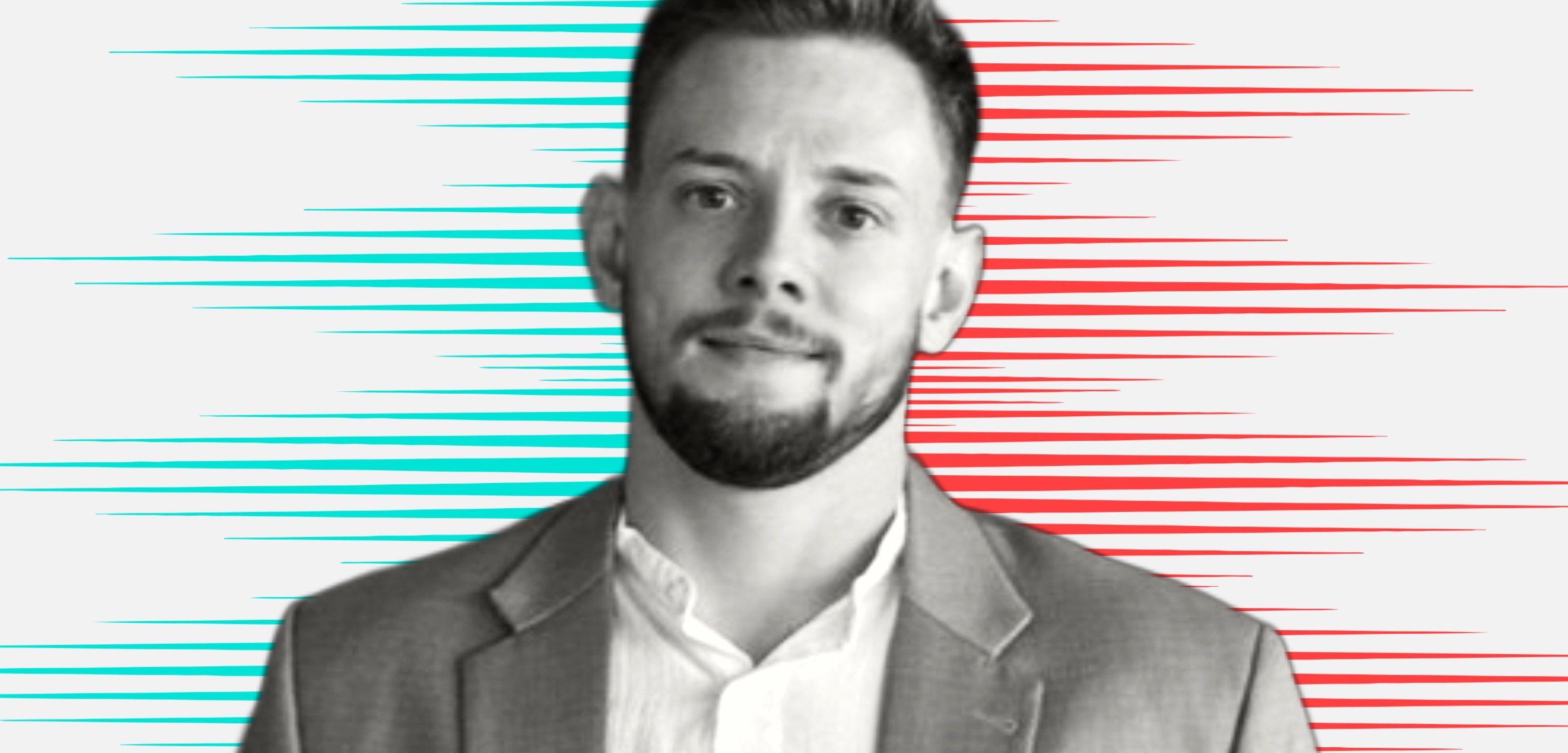Black and white cut out head and shoulders portrait of Archippus Sturrock on People Moves-style blue and red stripy background