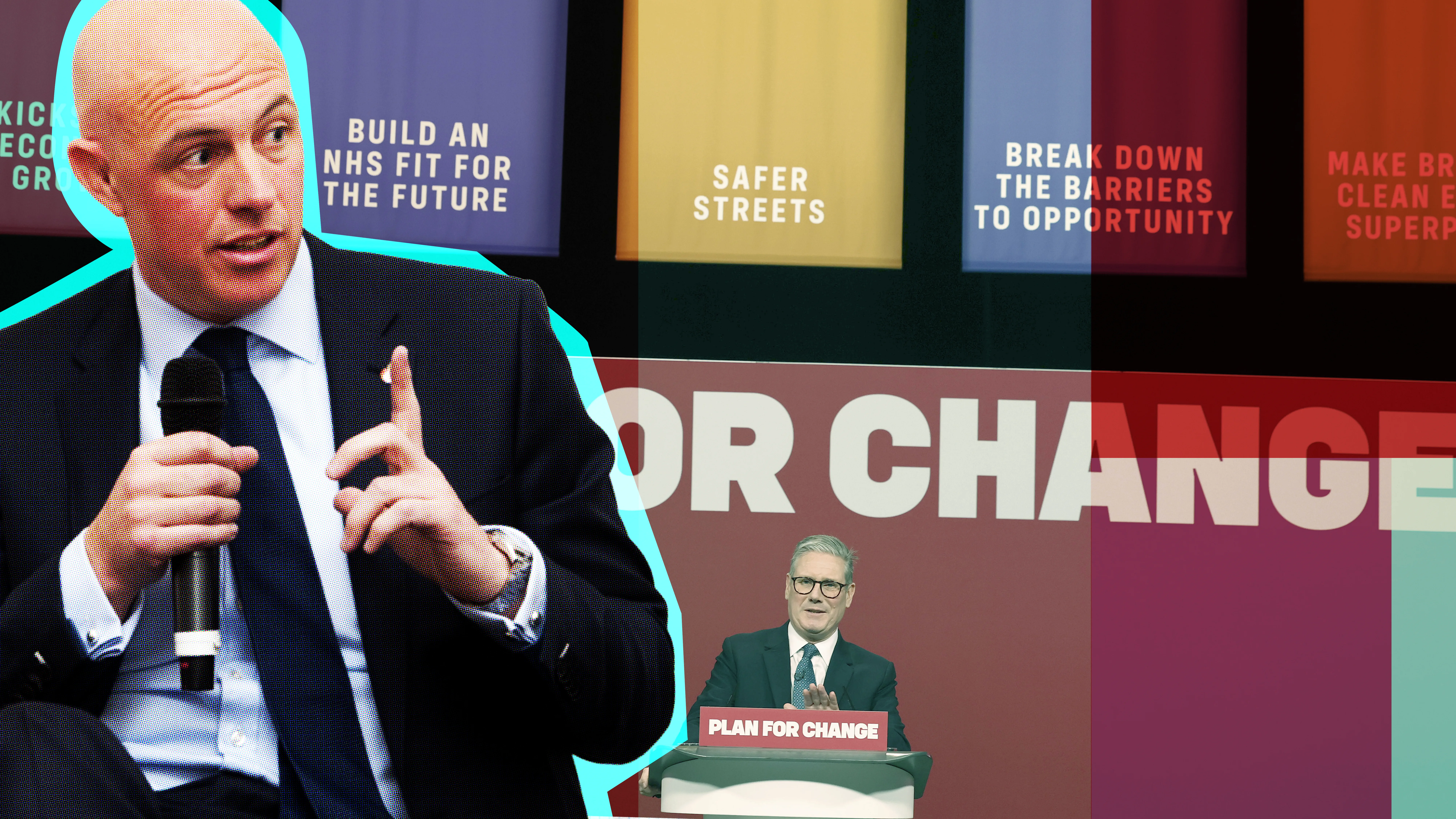 Picture of David Dinsmore speaking with policy documents and an image of PM Keir Starmer at a lectern behind him