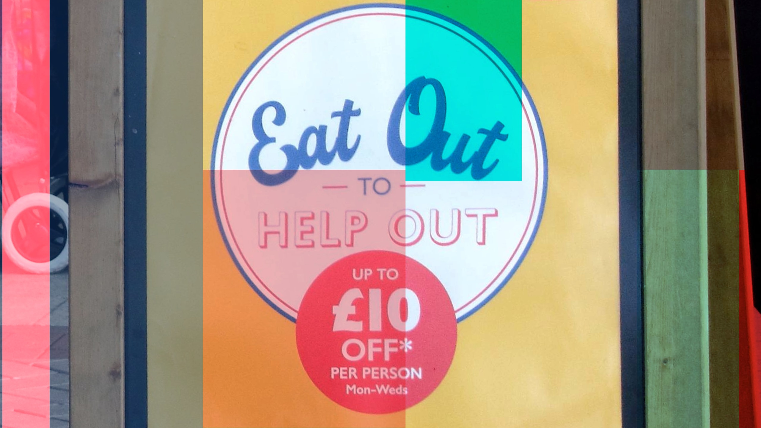 Eat out to help out sign overlaid with In.Comms colour tints