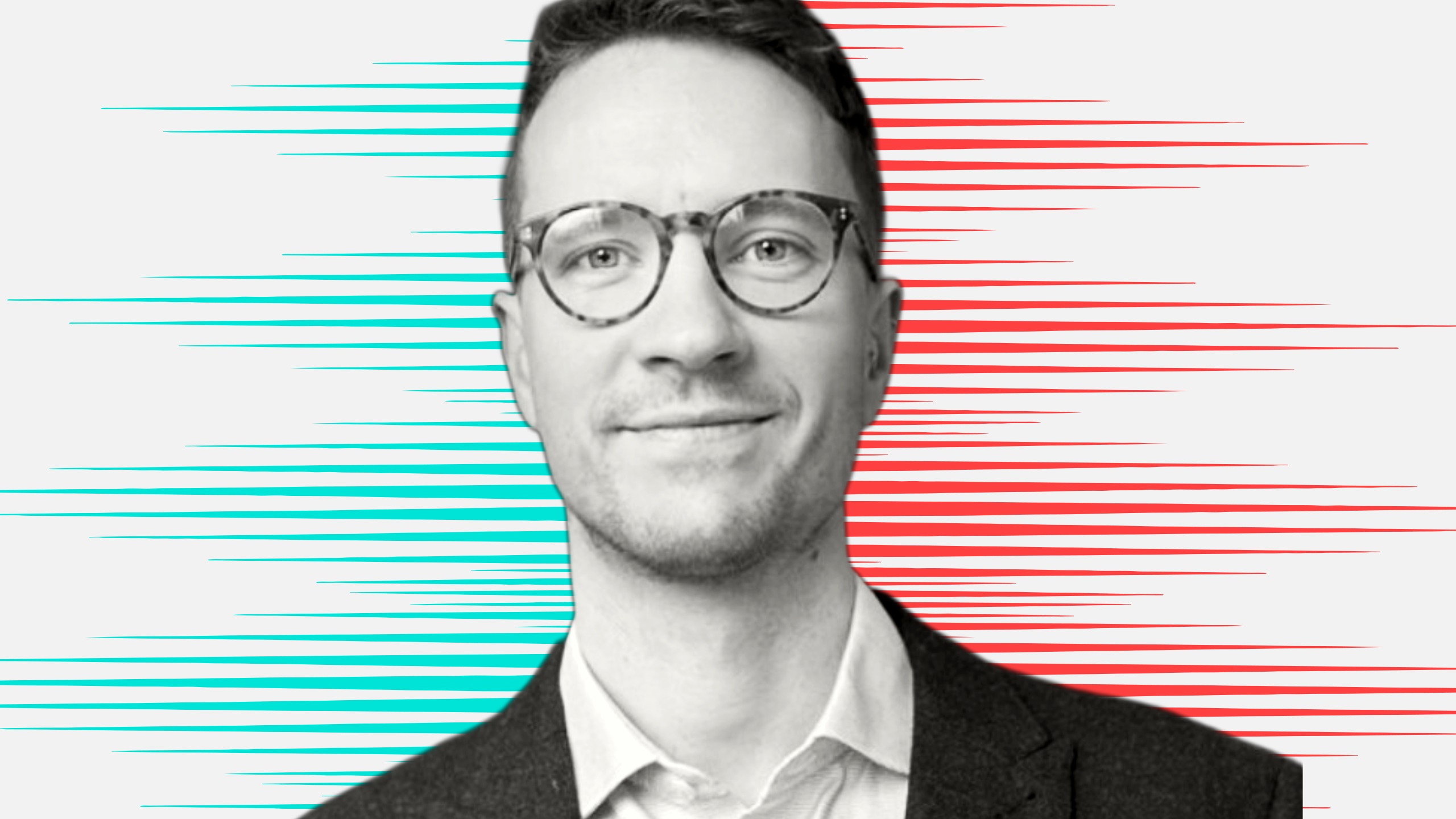 Black and white cut out head and shoulders portrait of Paul Bradley on People Moves-style blue and red stripy background