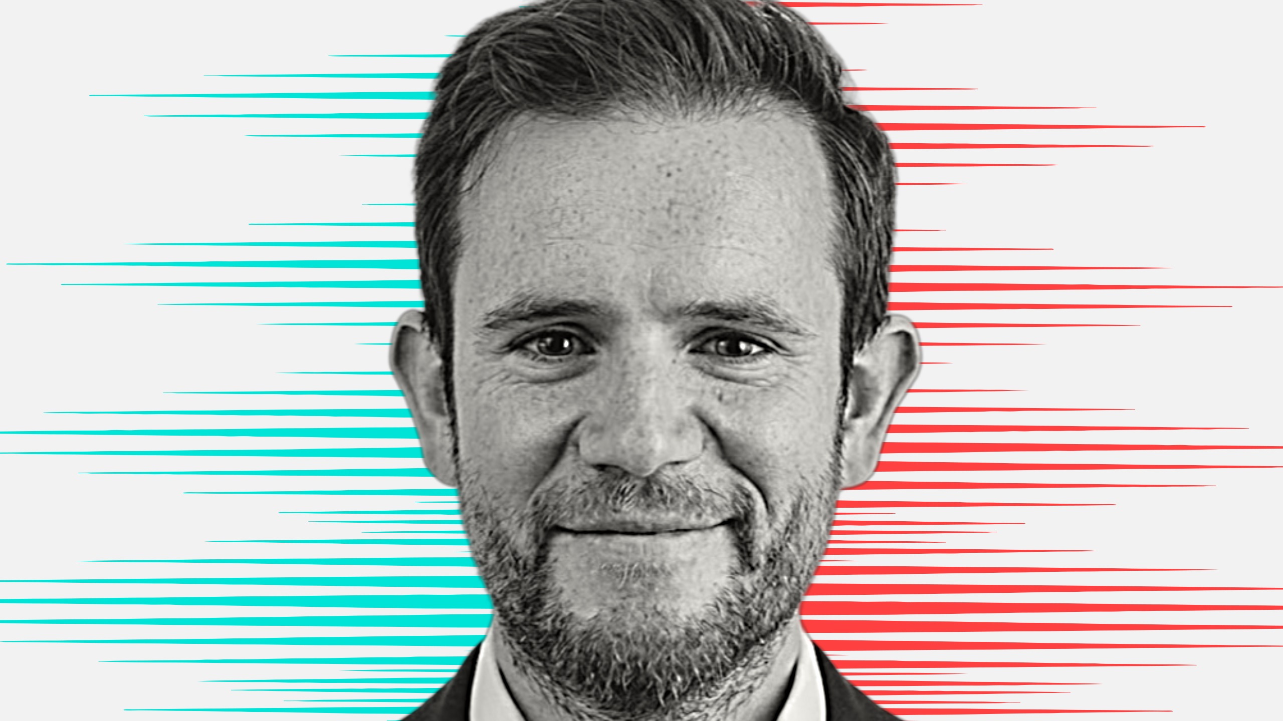 Black and white cut out head and shoulders portrait of Theo Bamber on People Moves-style blue and red stripy background