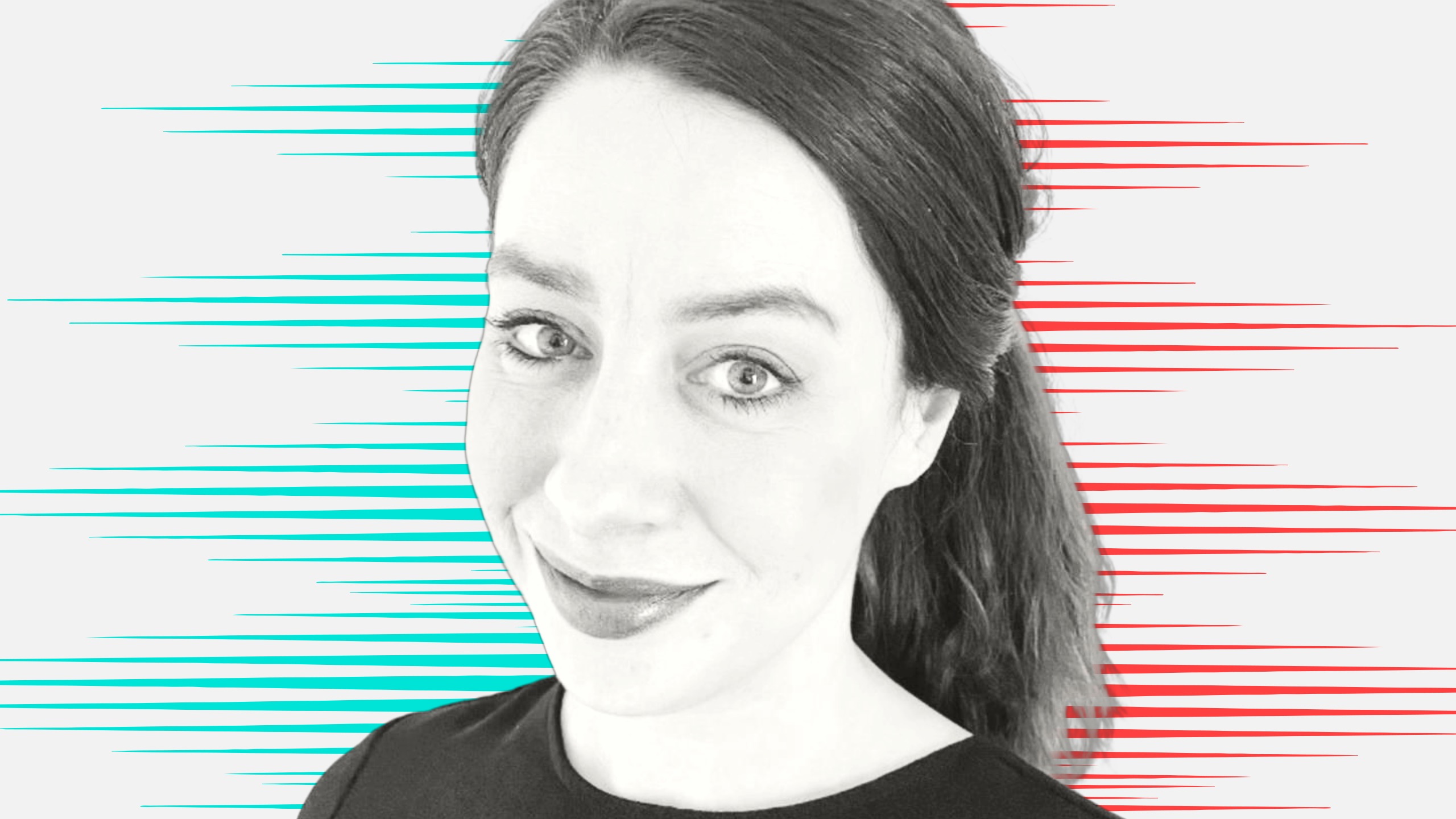 Black and white cut out head and shoulders portrait of Hannah Wilkinson on People Moves-style blue and red stripy background