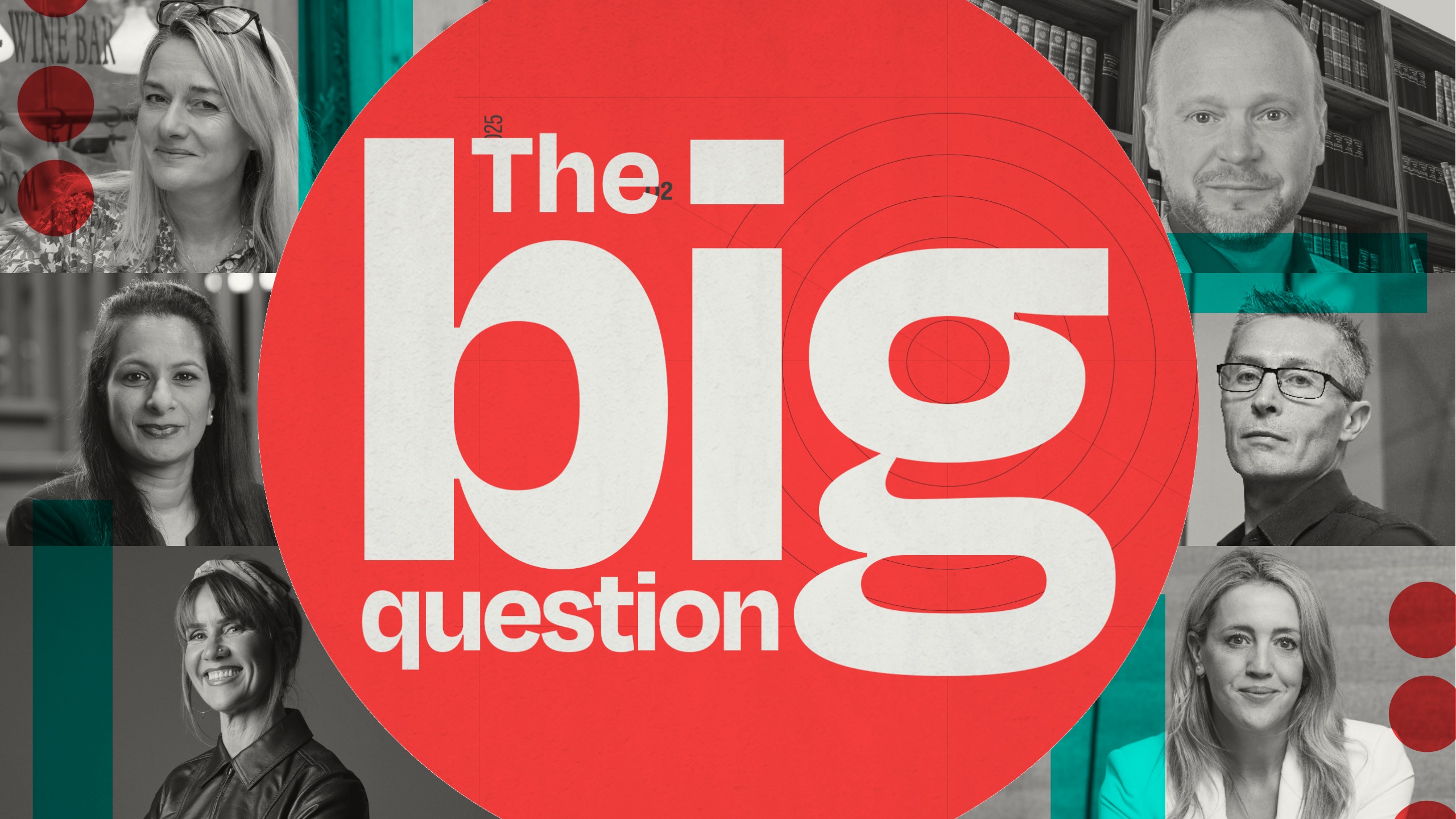 Red big question image with Celine Richardson, Shalini Gupta , Sarah Waddington, Jon Sellors, Proffessor Ralph Tench and Kylie Taylor
