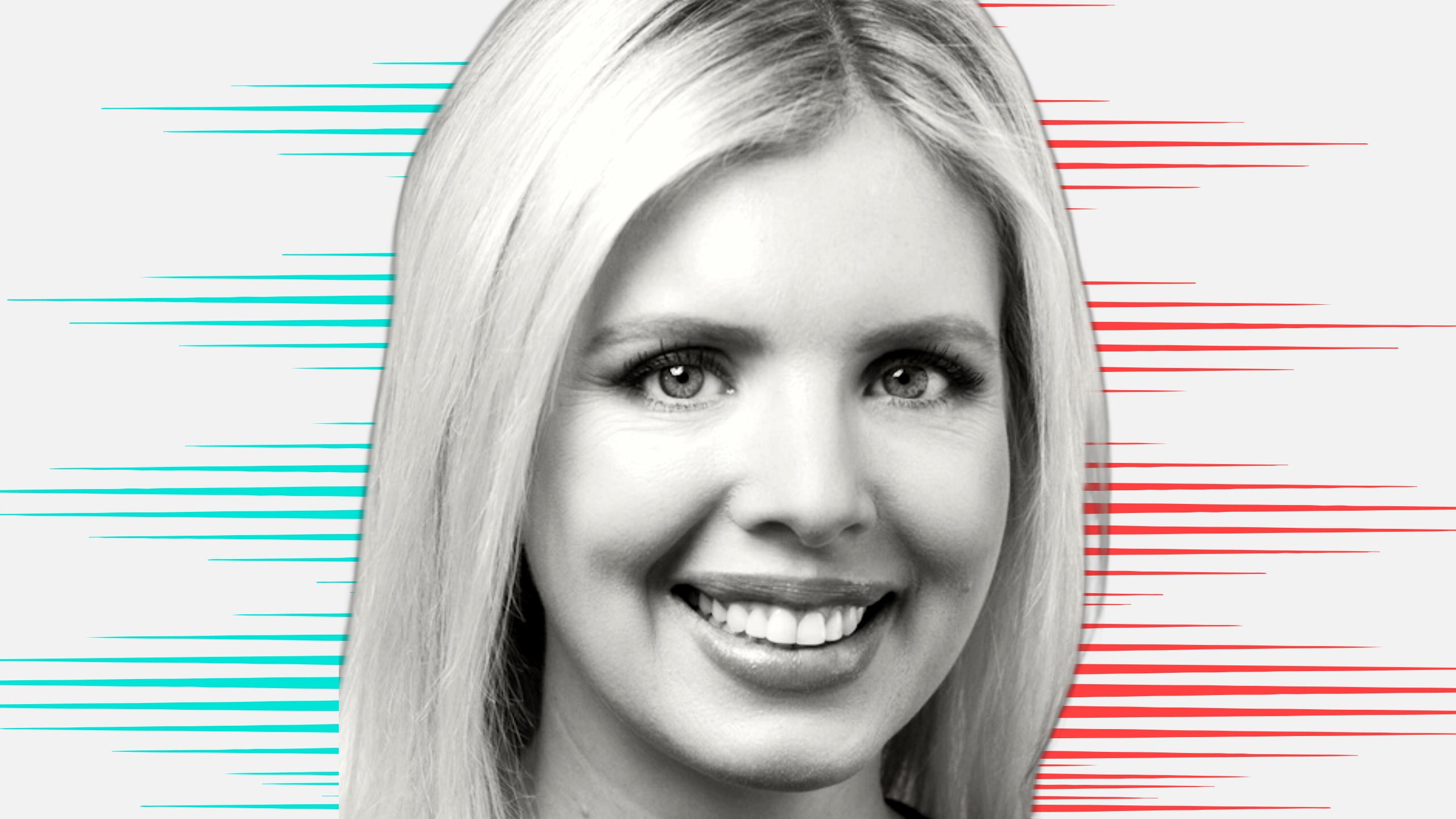 Black and white cut out head and shoulders portrait of Lauren Easton on People Moves-style blue and red stripy background