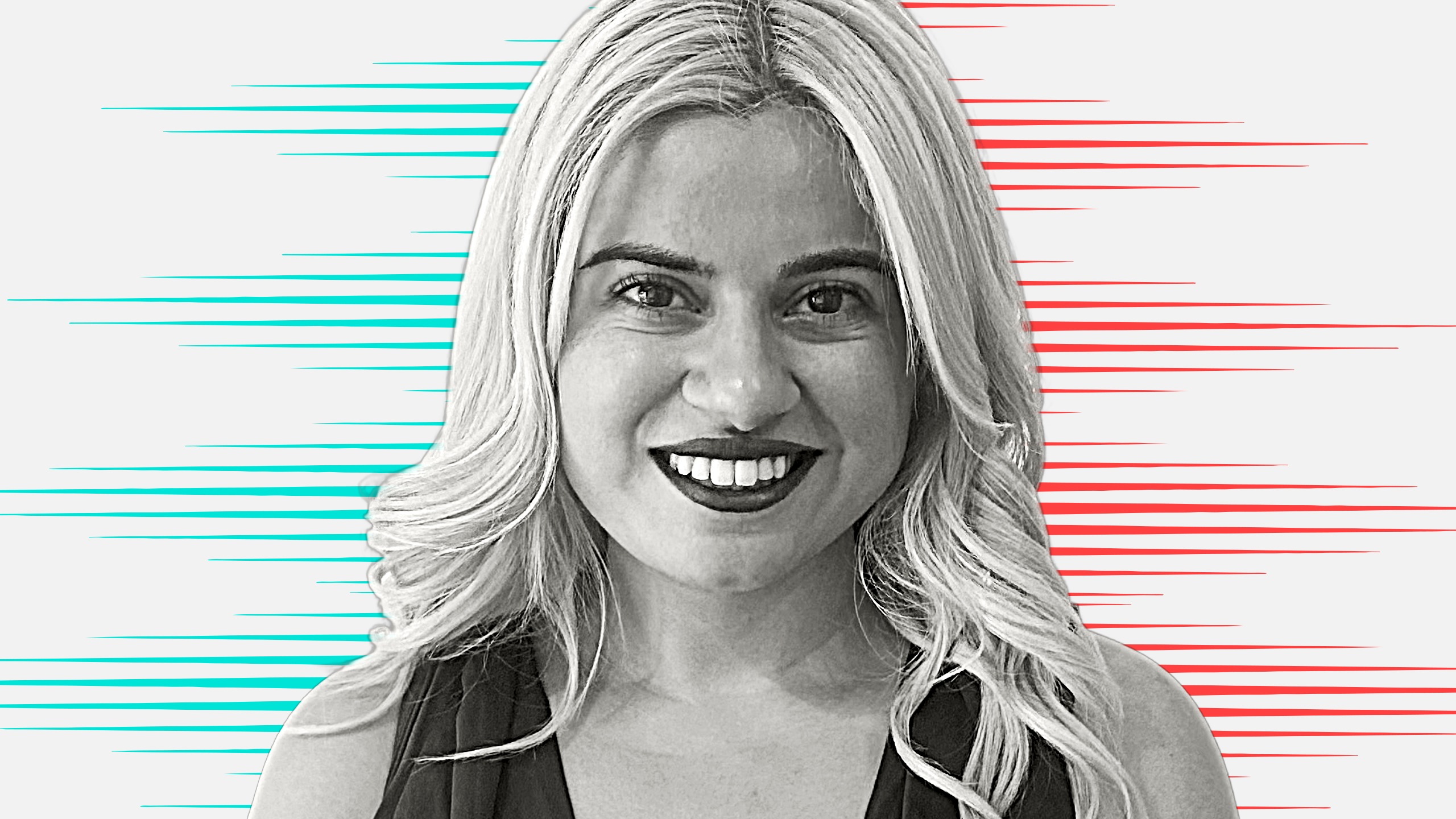 Black and white cut out head and shoulders portrait of Sania Baig on People Moves-style blue and red stripy background