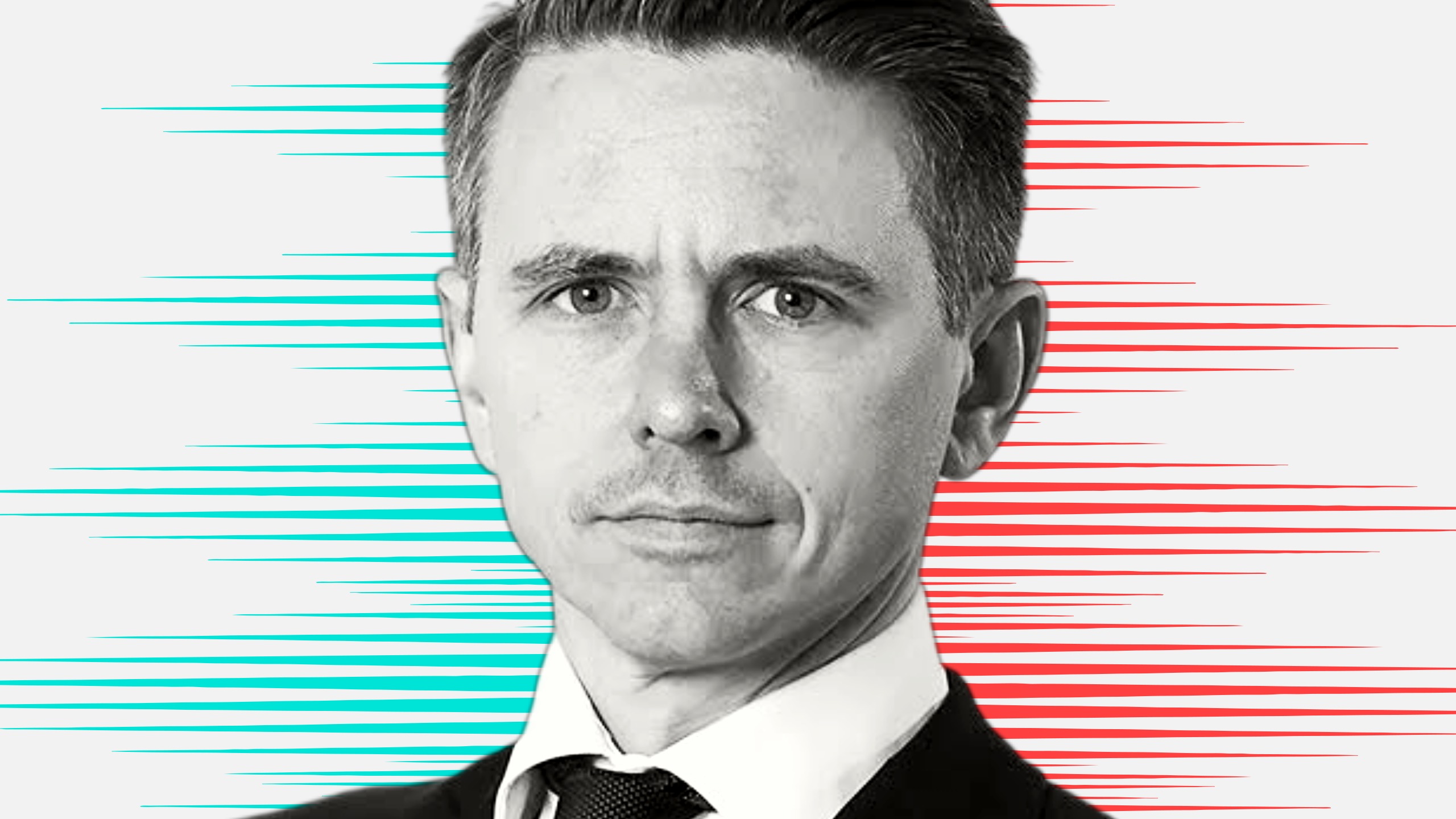 Black and white cut out head and shoulders portrait of James Lyons on People Moves-style blue and red stripy background