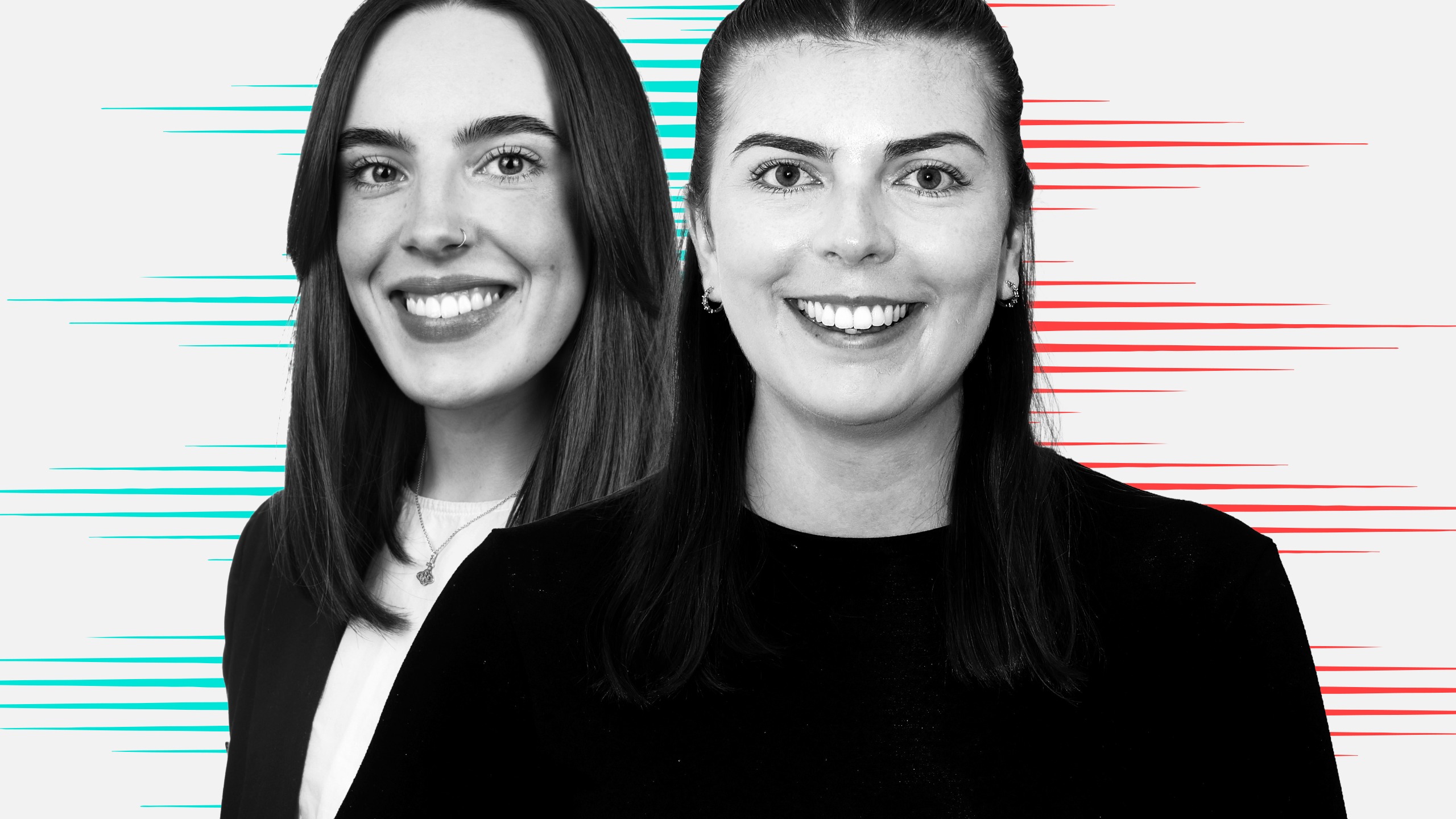 Black and white cut out head and shoulders portrait of Kendall Sefton and Lucy Warren on People Moves-style blue and red stripy background