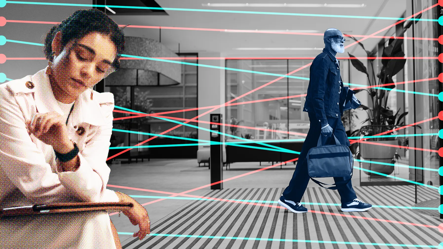 Composite image featuring: smartly dressed business woman looking at watch, and behind her in black and white a man carrying a hold-all leaving a lobby, overlaid with coloured lines representing data.