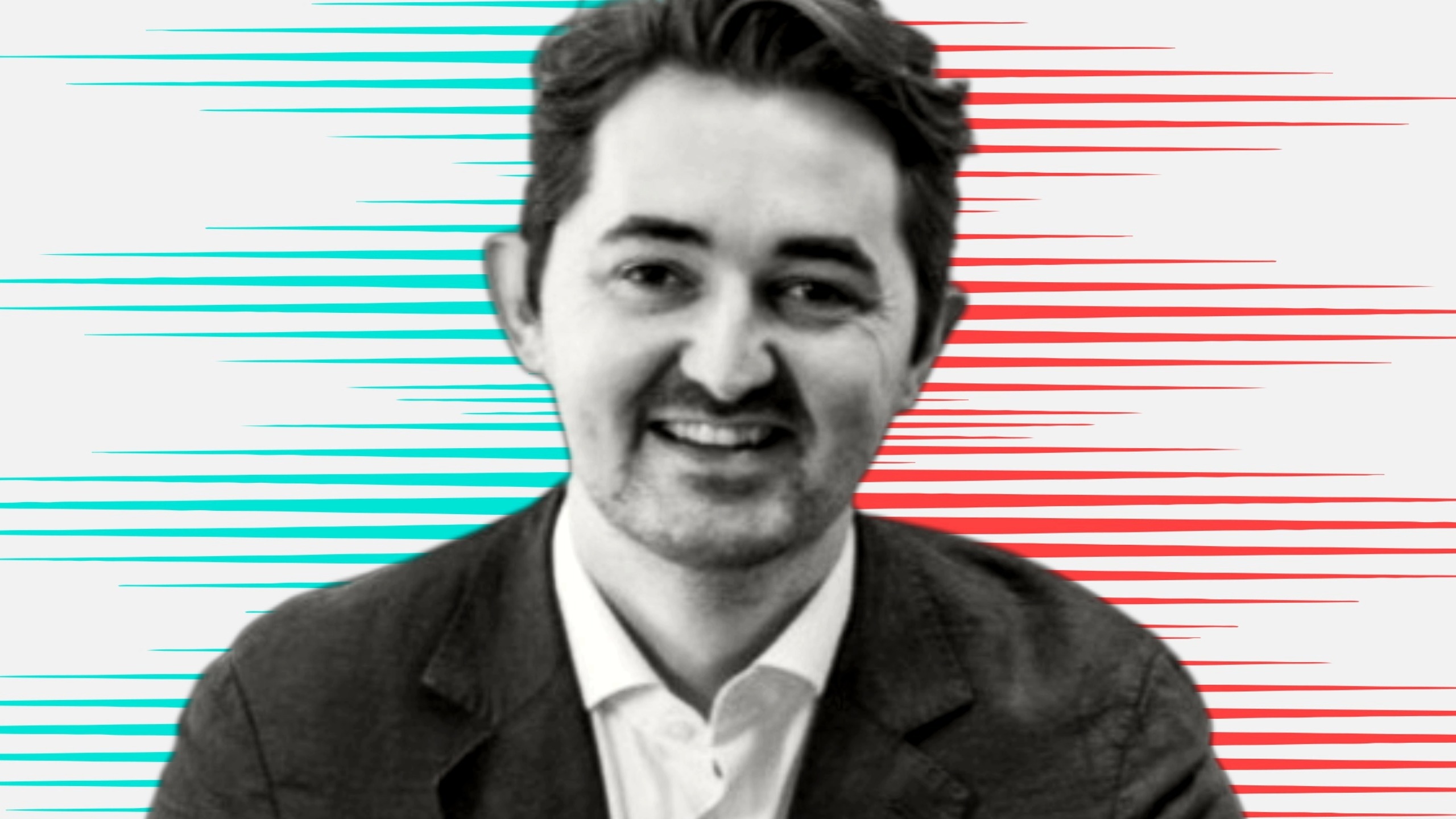 Black and white cut out head and shoulders portrait of James Kavanagh on People Moves-style blue and red stripy background