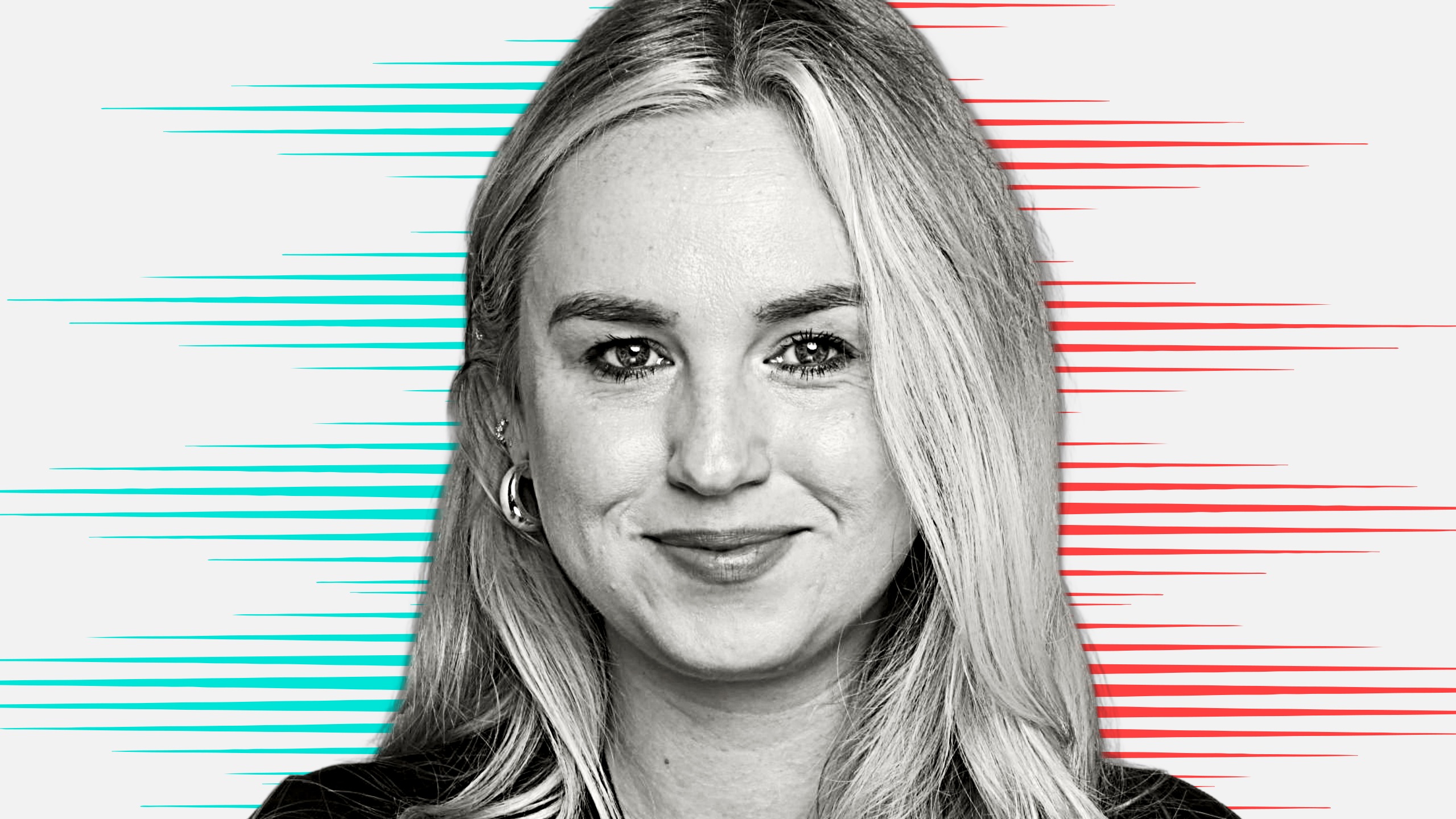 Black and white cut out head and shoulders portrait of Eliza Wells on People Moves-style blue and red stripy background