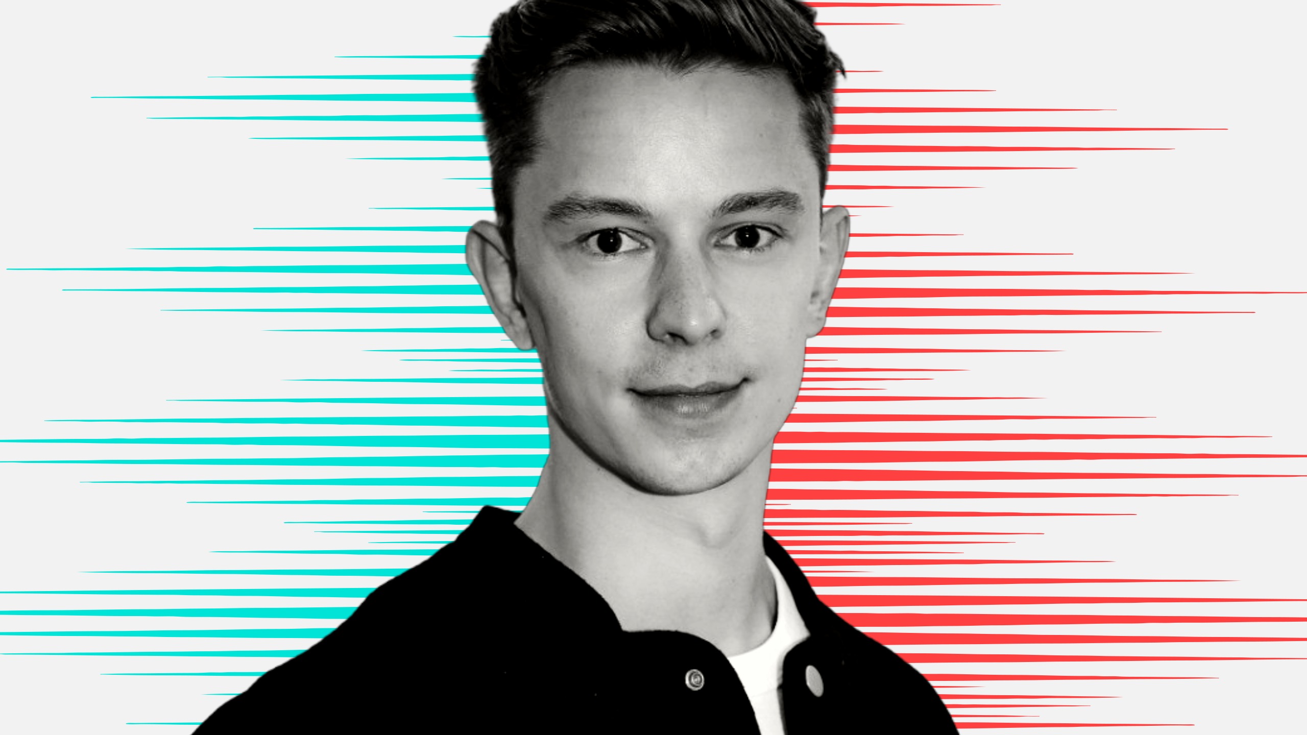 Black and white cut out head and shoulders portrait of Oliver Yeates on People Moves-style blue and red stripy background