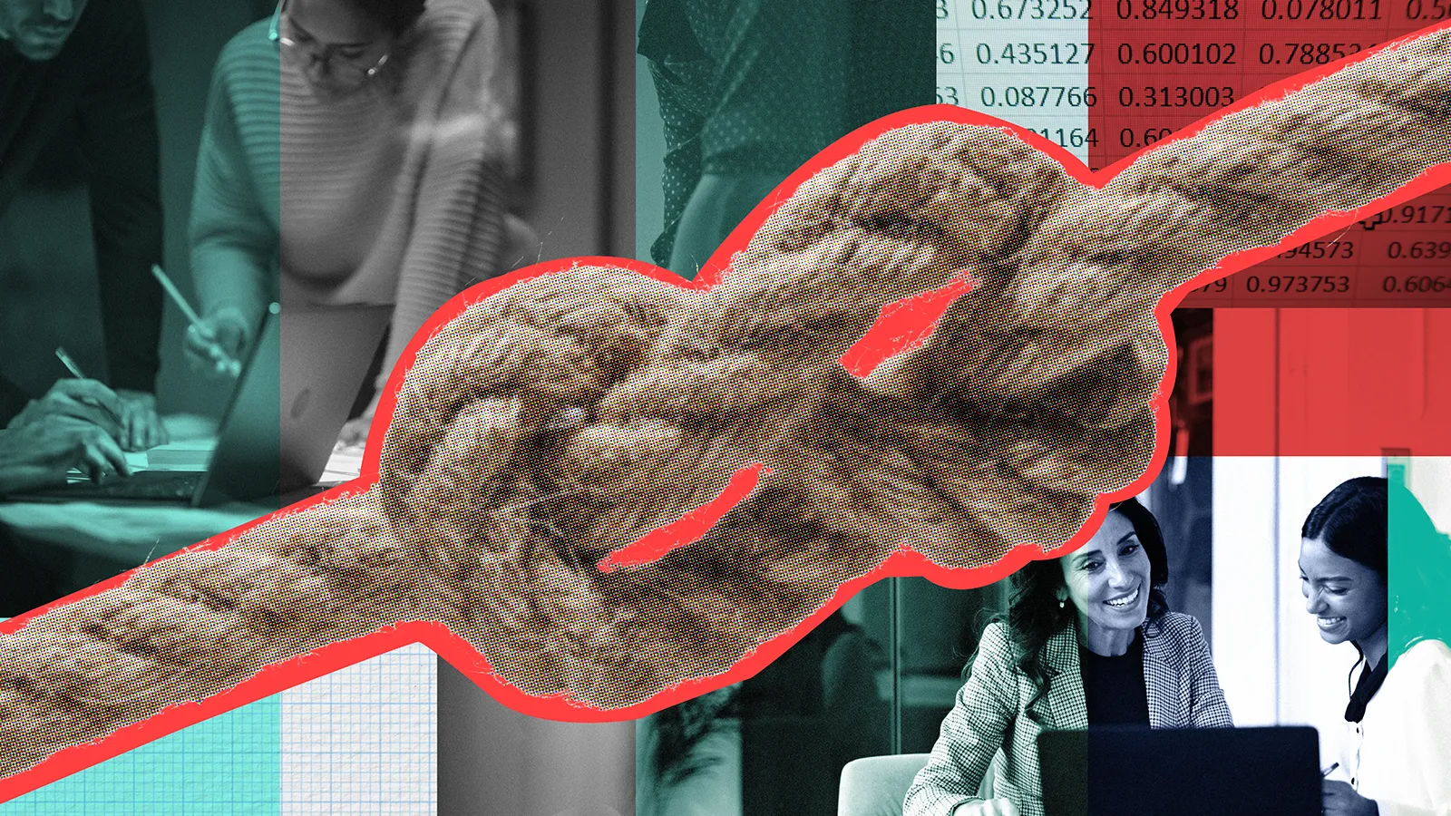 Pictures in muted tones of people working together, overlaid with a reef knot