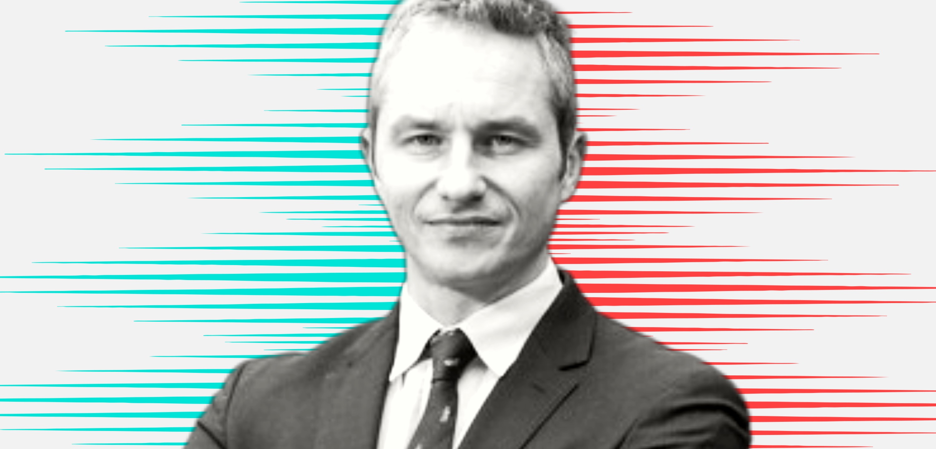 Black and white cut out head and shoulders portrait of Robert Hall on People Moves-style blue and red stripy background