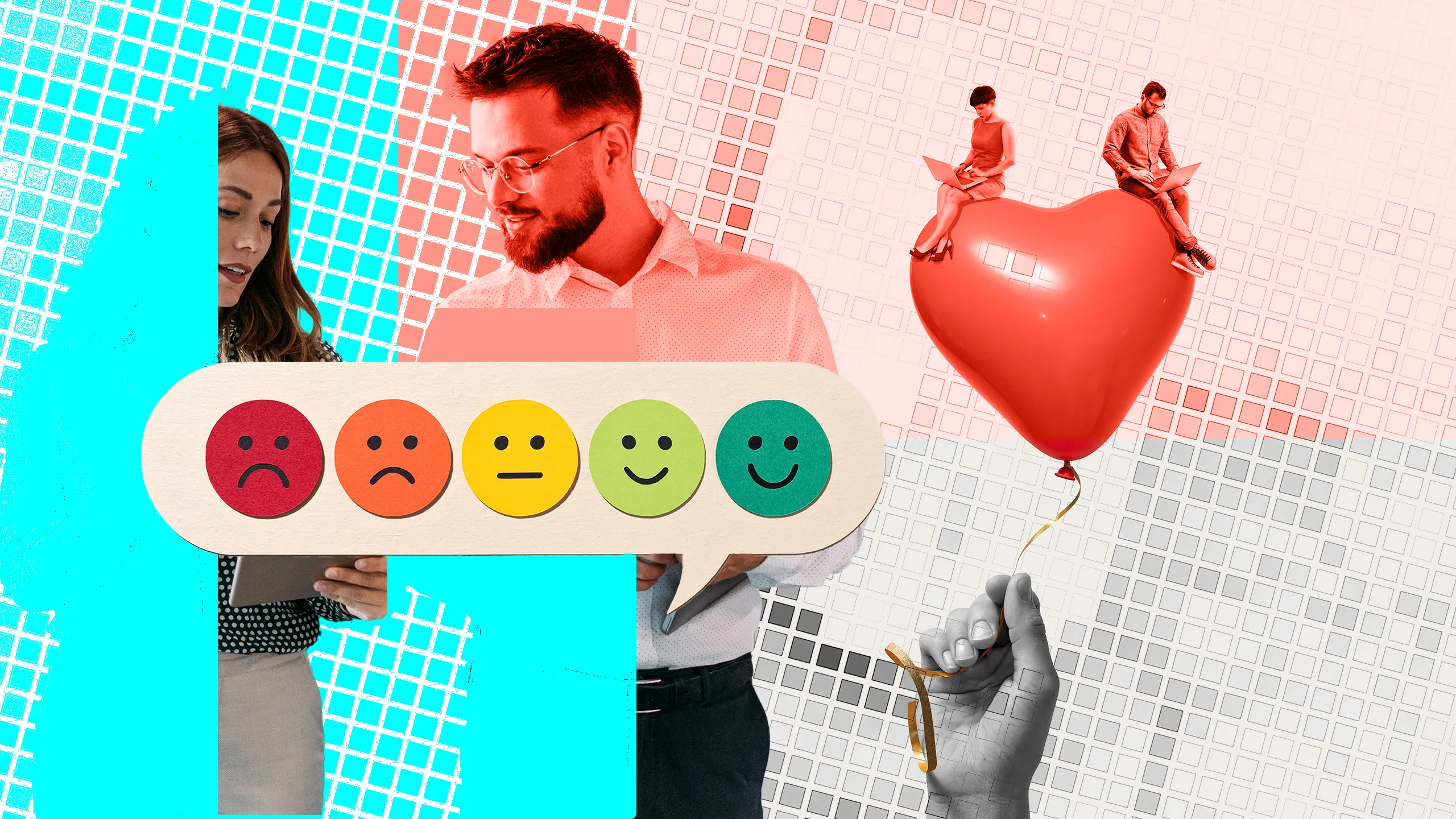 Stylish composite image of: office workers talking, customer satisfaction survey signs, people sitting on heart balloon, black and white hand holding balloon