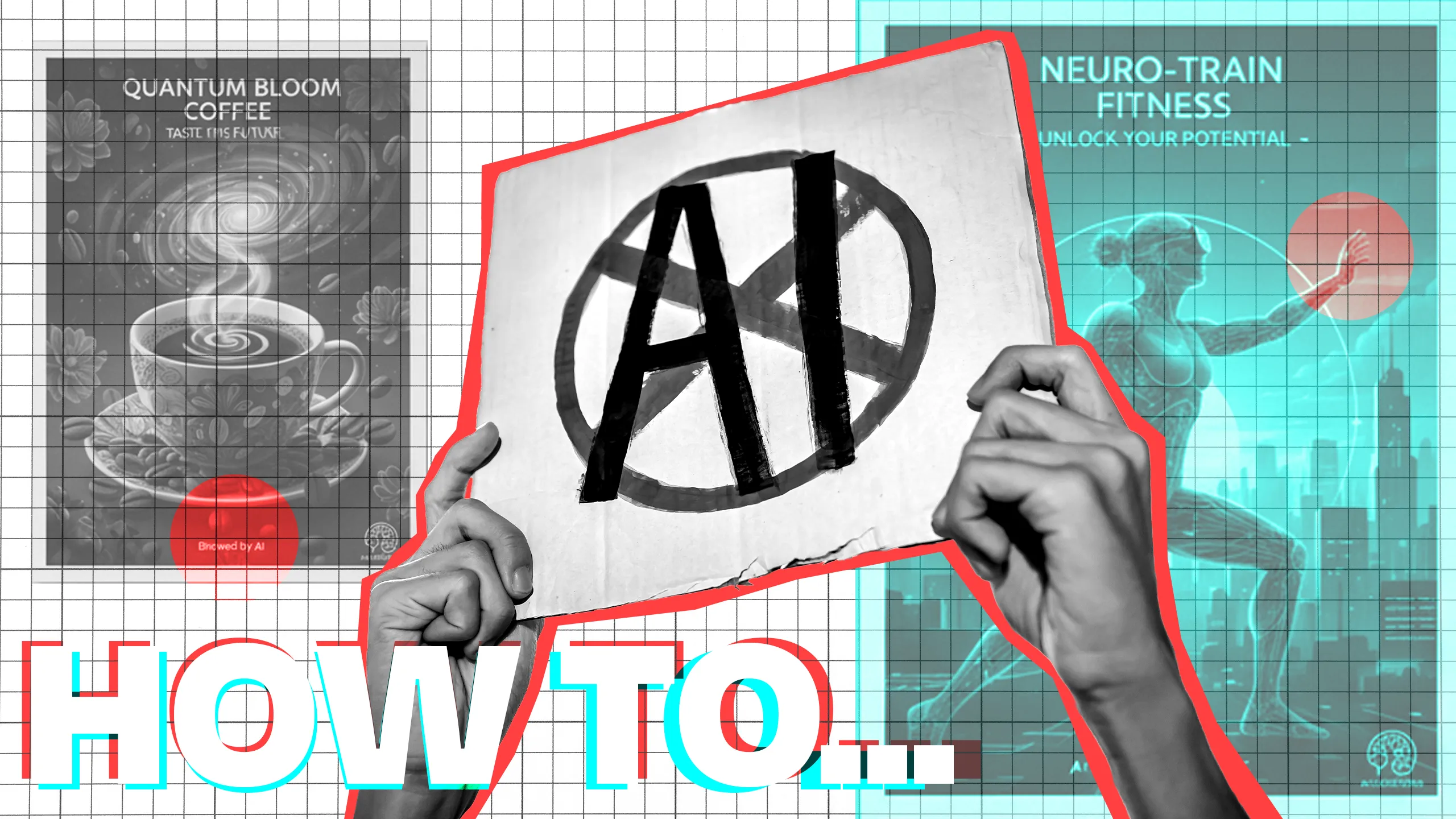 Black and white cut-out of hands holding out a sign saying AI