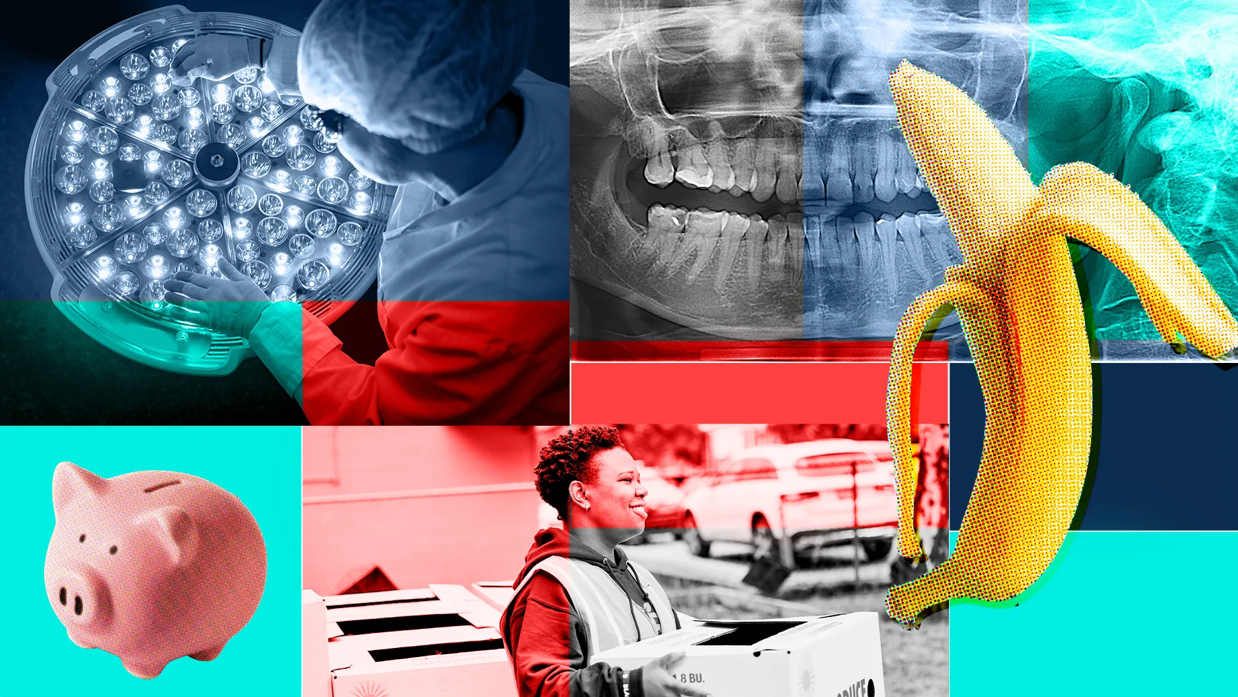 Composited image of surgeon at work, x-ray of teeth, piggy bank, person holding box, peeled banana