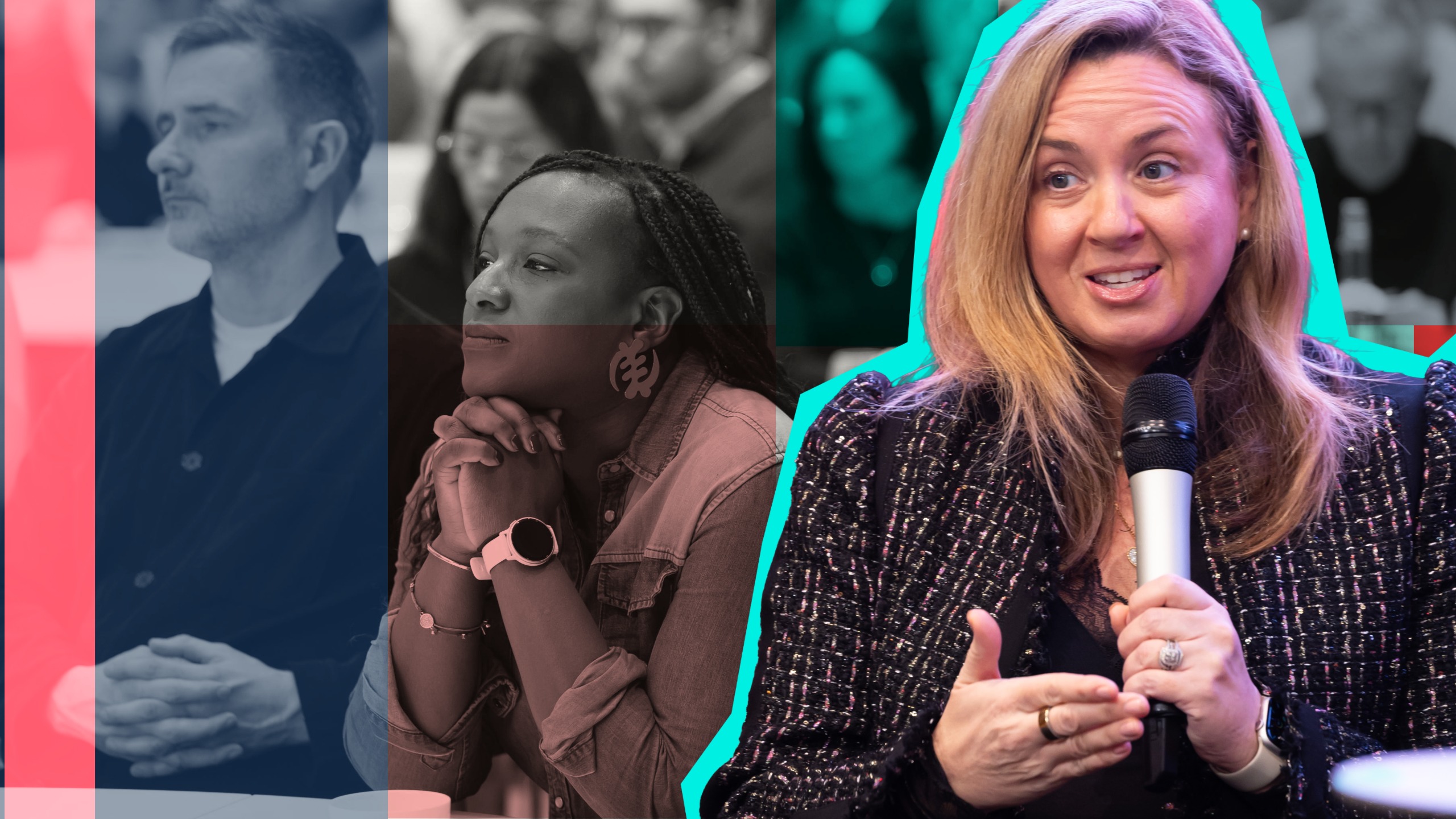 Stitched together image of Nicola Green and an audience member at the PRWeek Year Ahead event