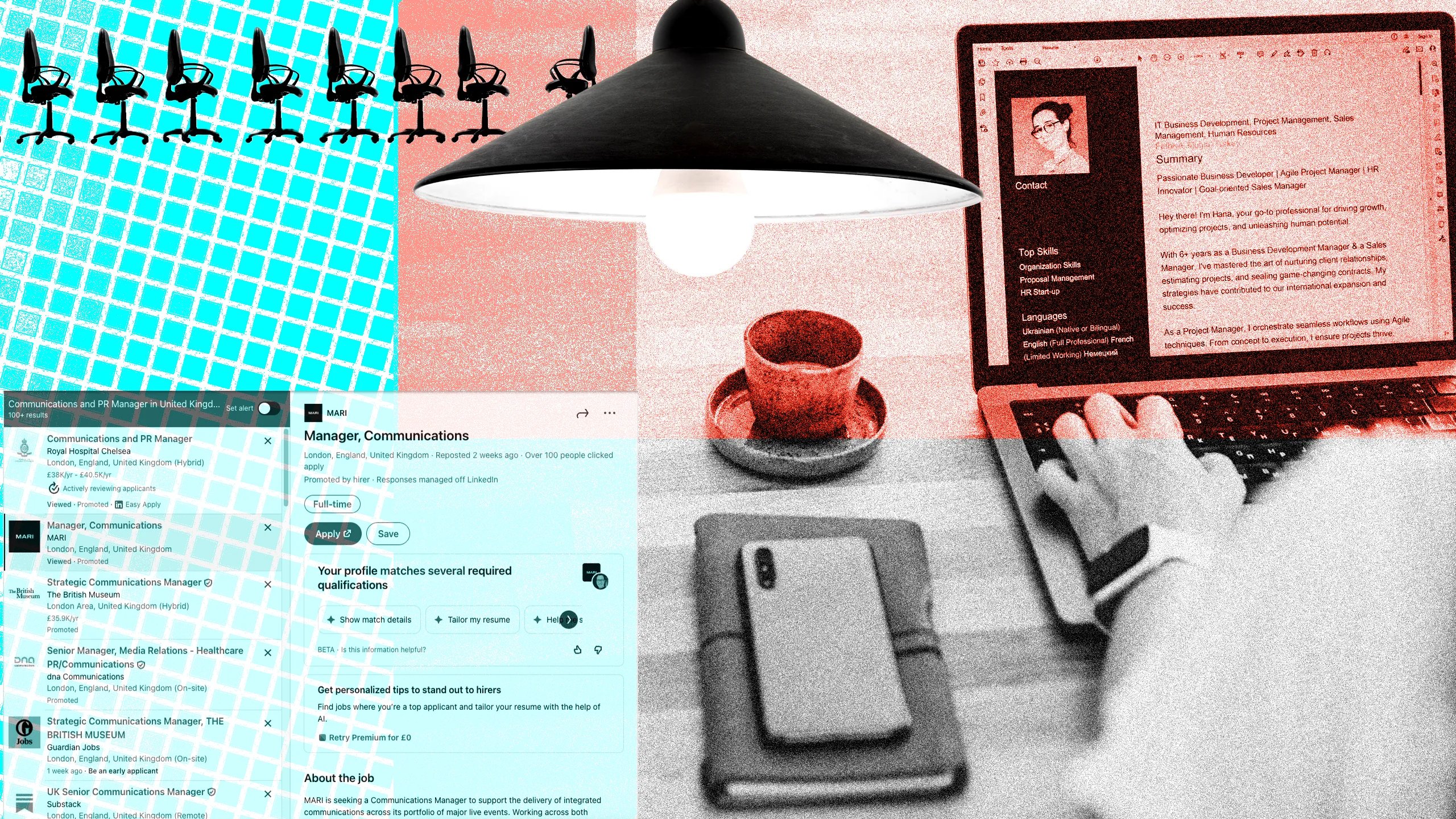 Black and white picture looking over shoulder of person looking at a job description on a laptop, plus office chairs, Filofax and phone and LinkedIn resumé