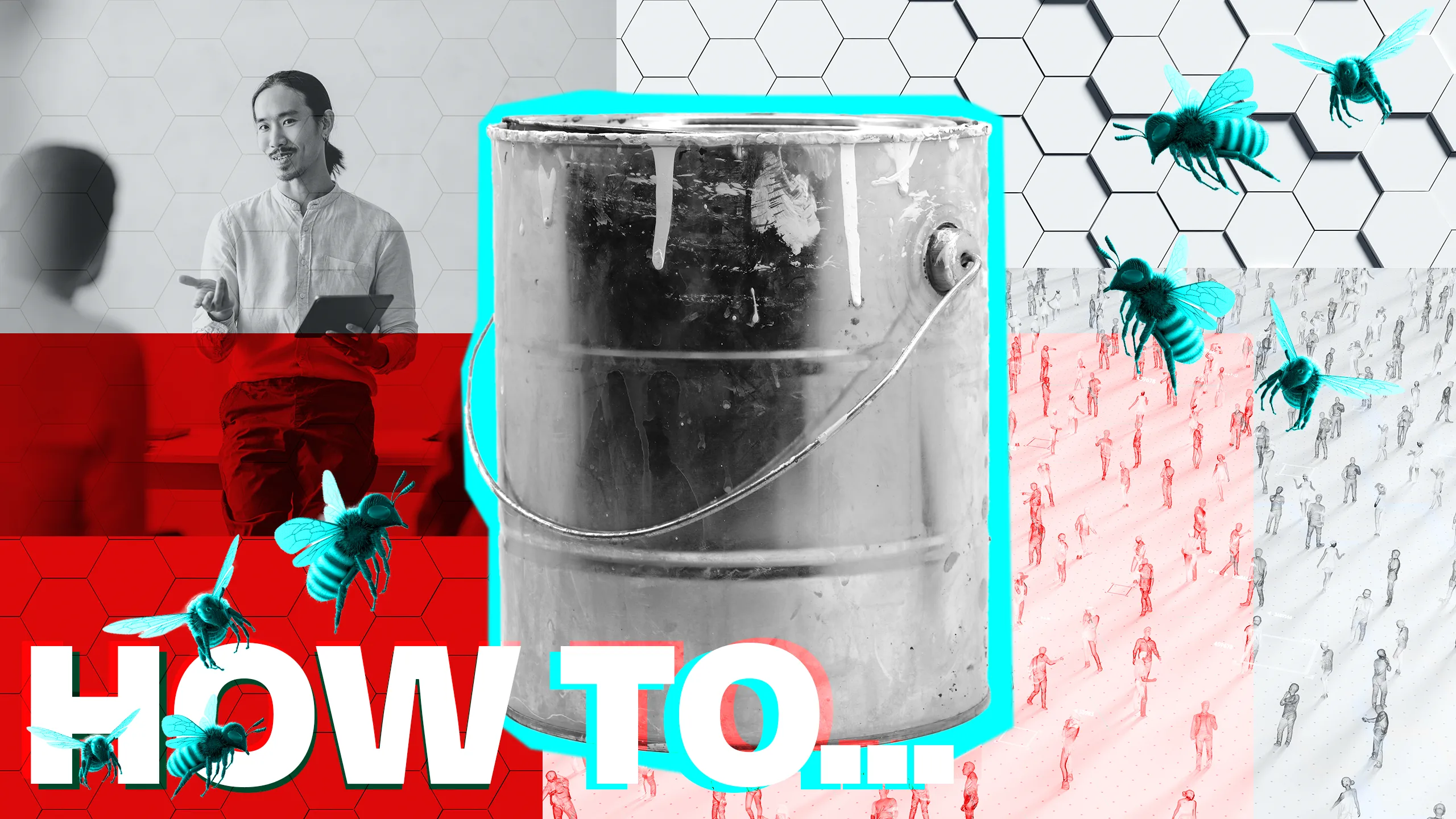 Composite image of man talking to colleagues, honey bees and hive, metal can and the words 'How to...'