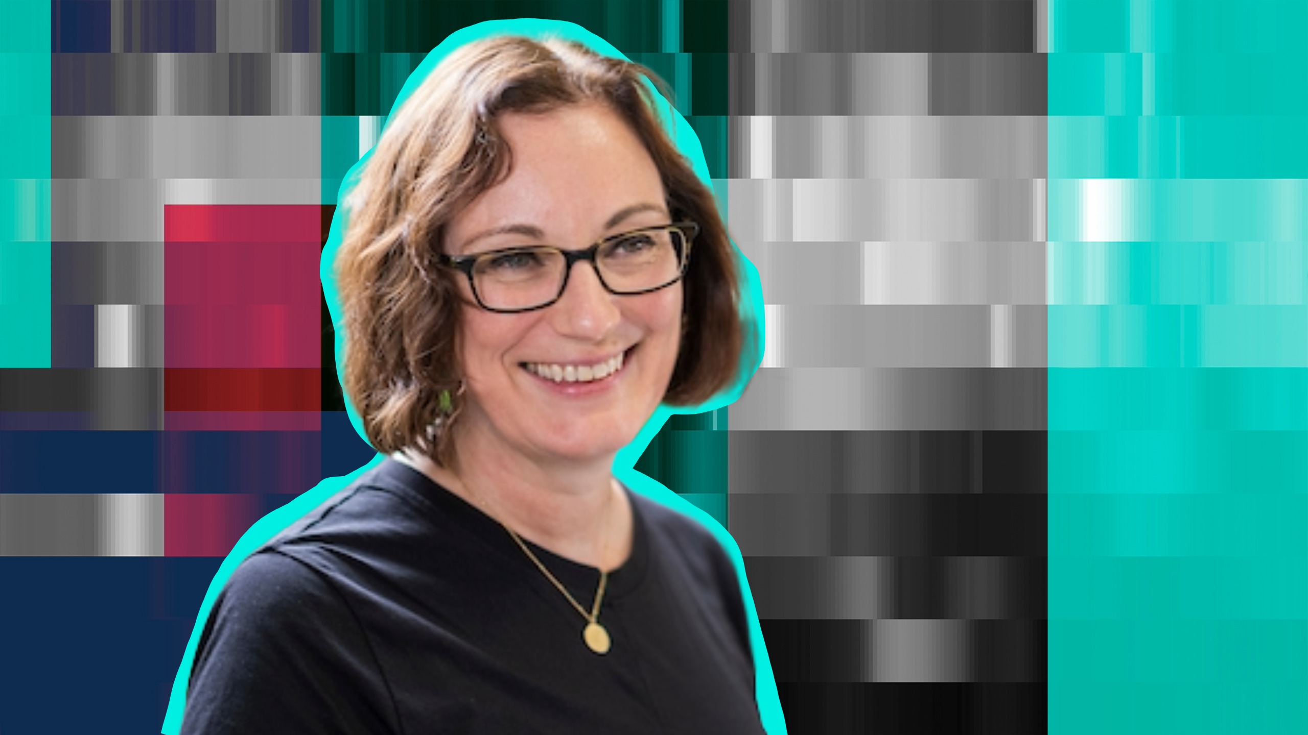 Cut out portrait of Sarah Lee in colour, with pixelated colour block design behind.