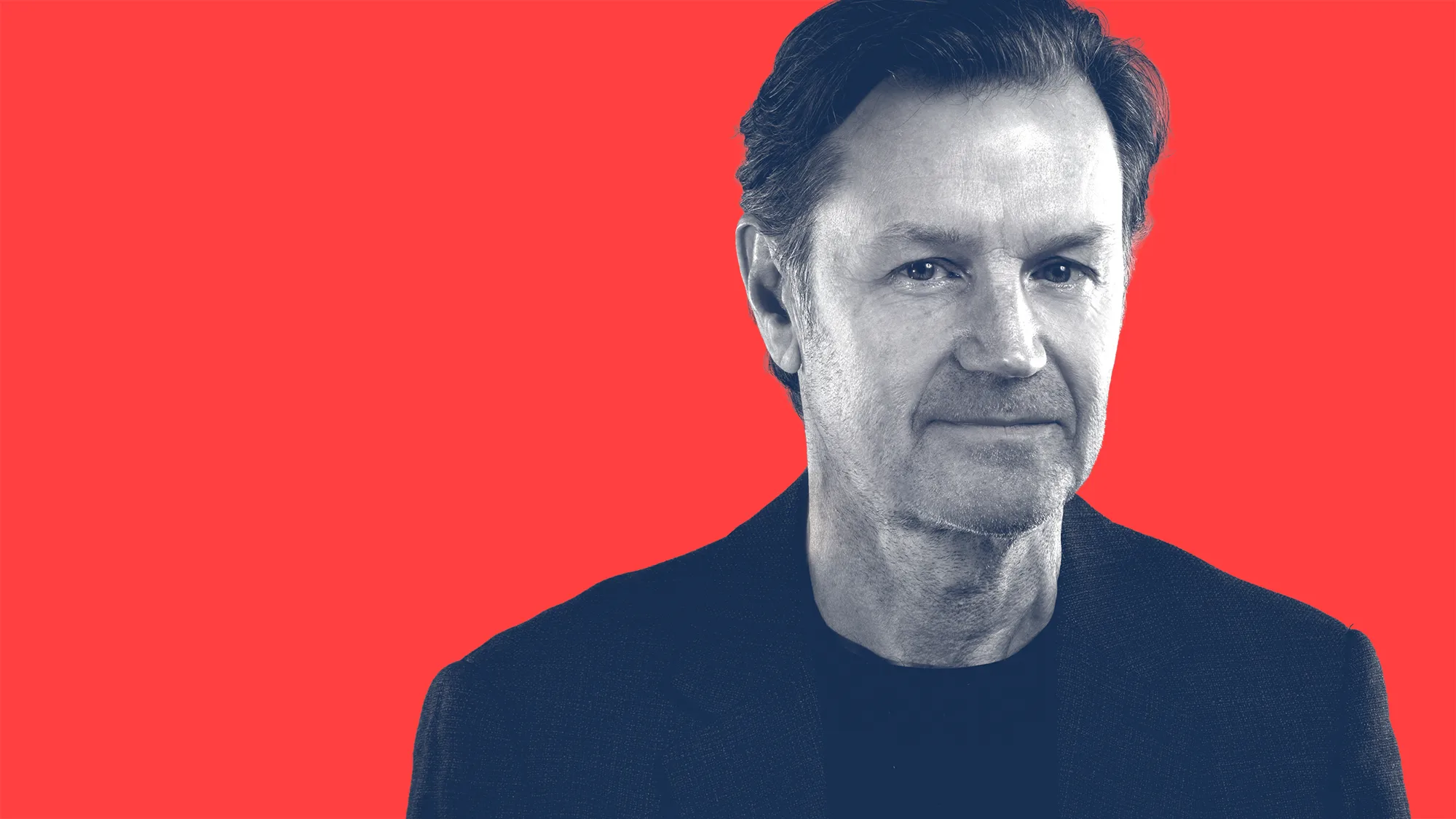 Black and white cutout portrait of In.Comms Editor-in-chief Danny Rogers on red background with the words ‘Danny Rogers on...’ repeated behind
