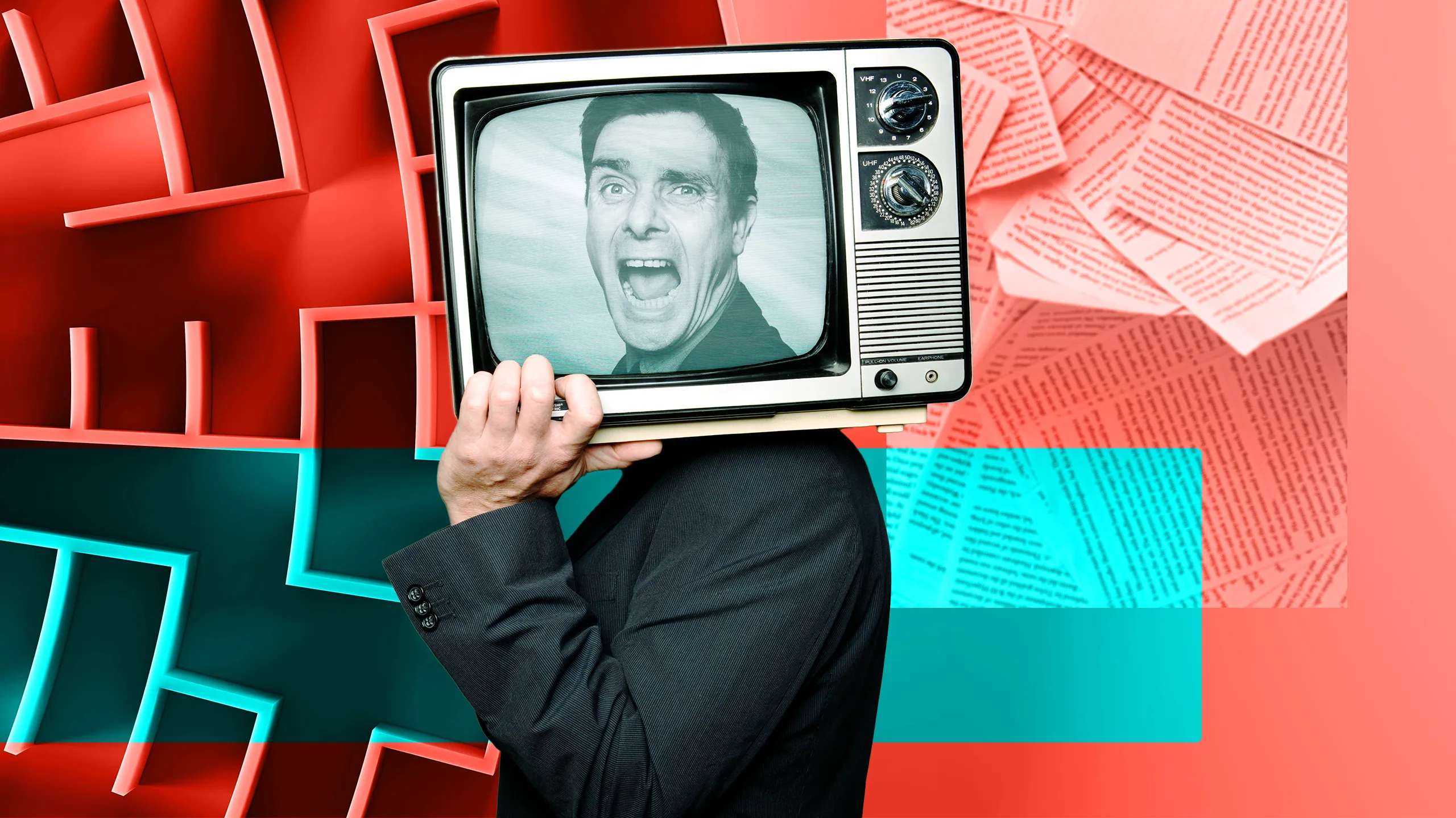 Man holding old-fashioned TV on his shoulder, where the screen is showing a head making a face, so it looks like the man's head is inside the television