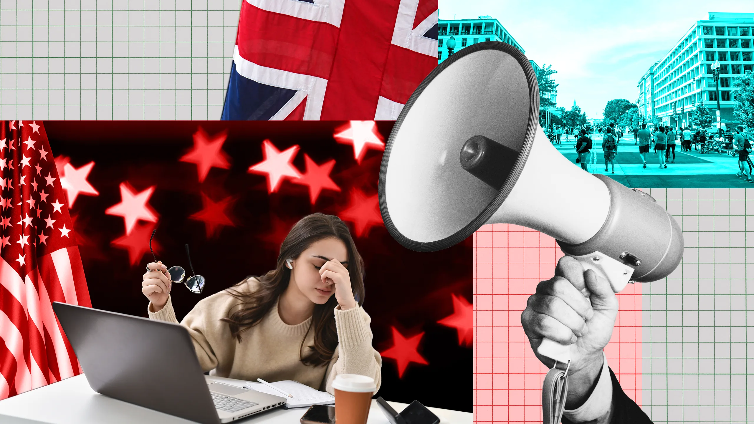 Woman sitting with laptop looking frustrated with US flag insignia behind; alongside old-fashioned megaphone in black and white, plus people in muted tones on modern street, plus Union flag