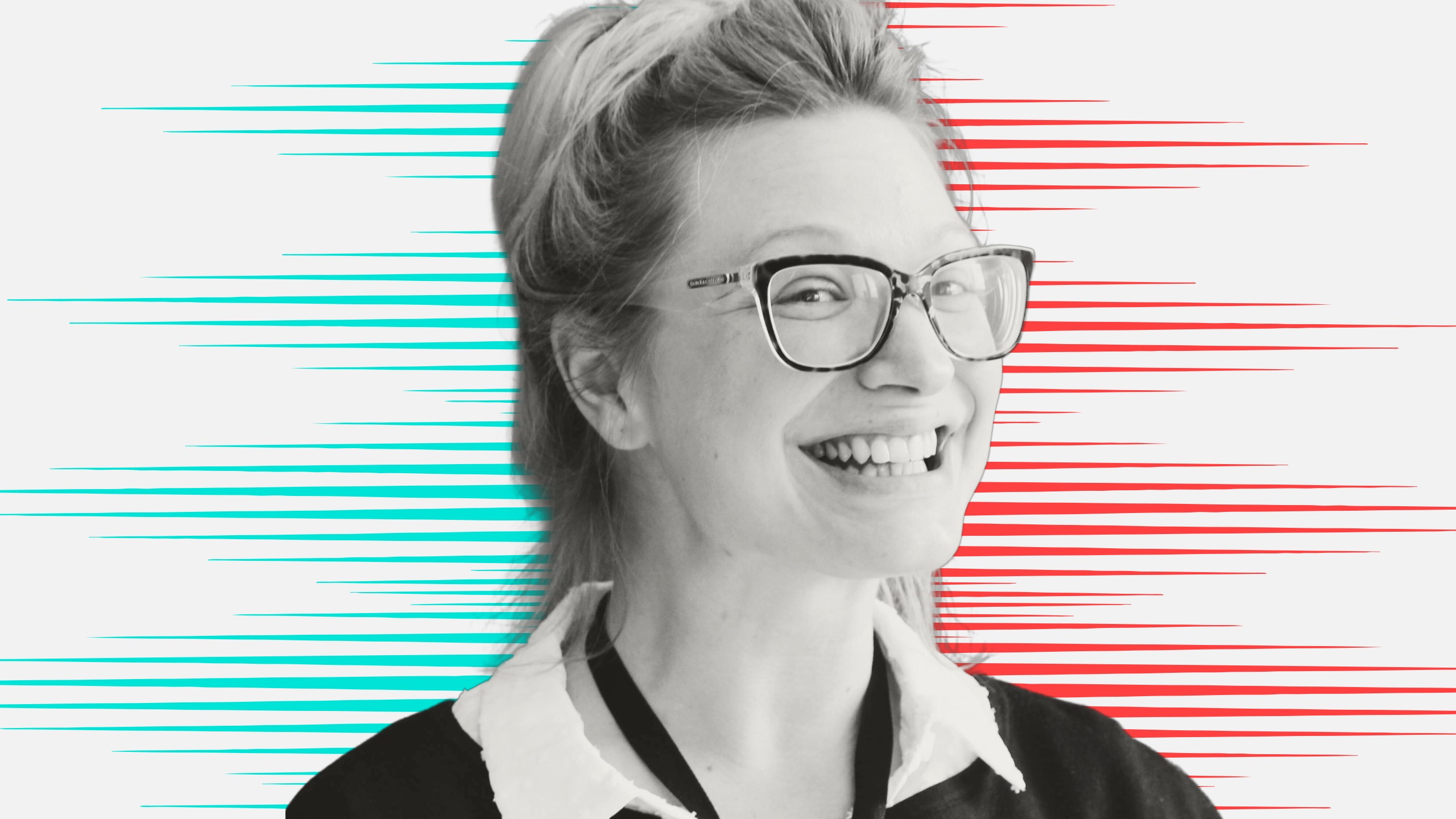 Black and white cutout of Lucy Denton on a People Moves blue and red textured background