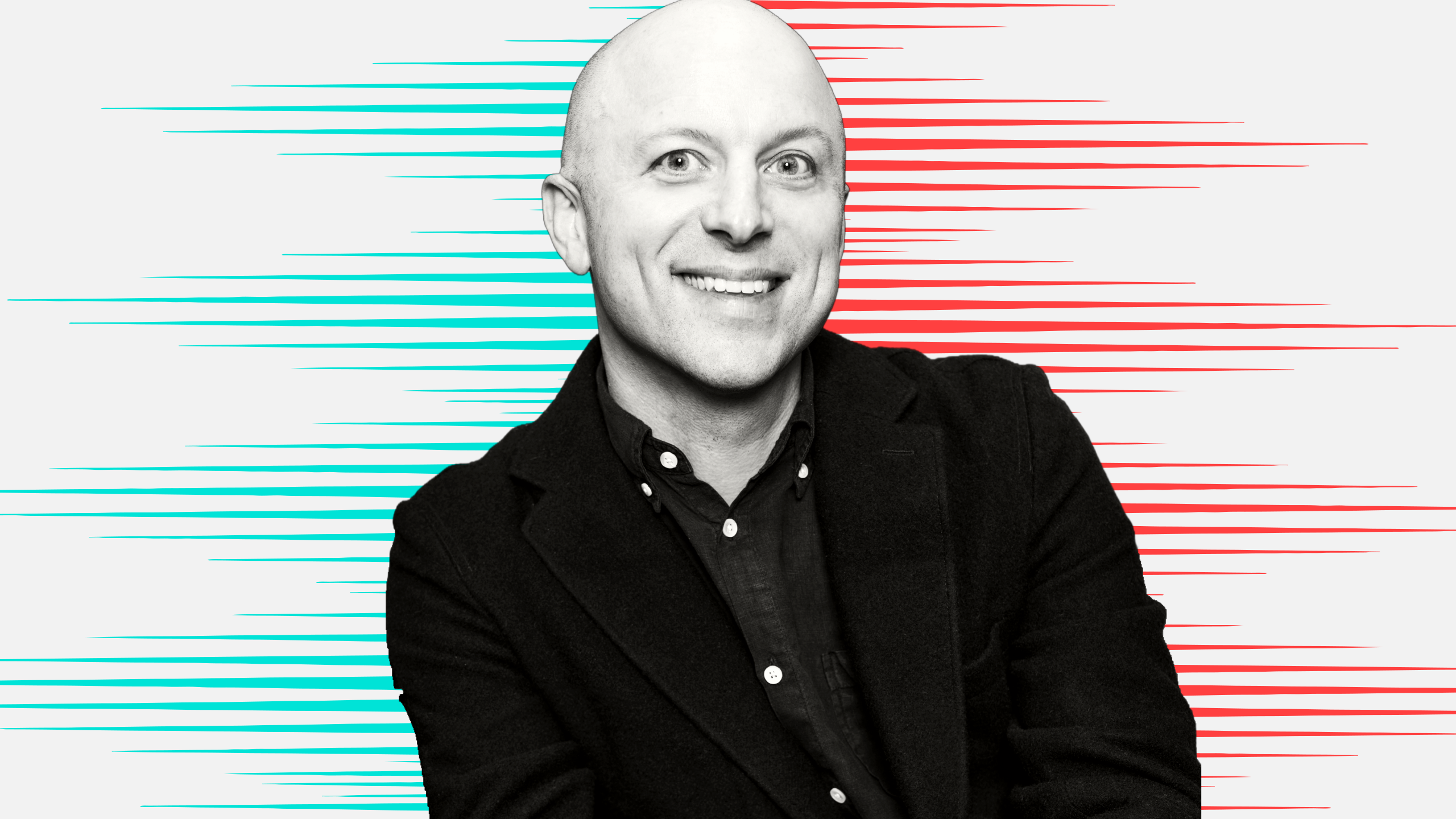 Black and white cut out head and shoulders portrait of James Steven on People Moves-style blue and red stripy background