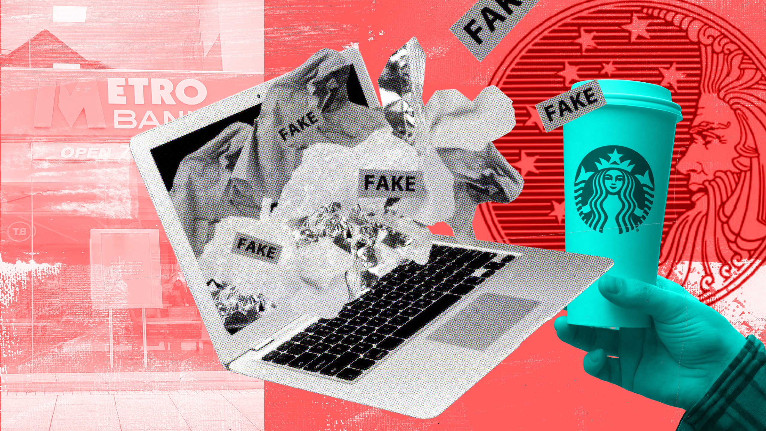 Fake news wording surrrounding Starbucks cup and Metro Bank pic, with open laptop