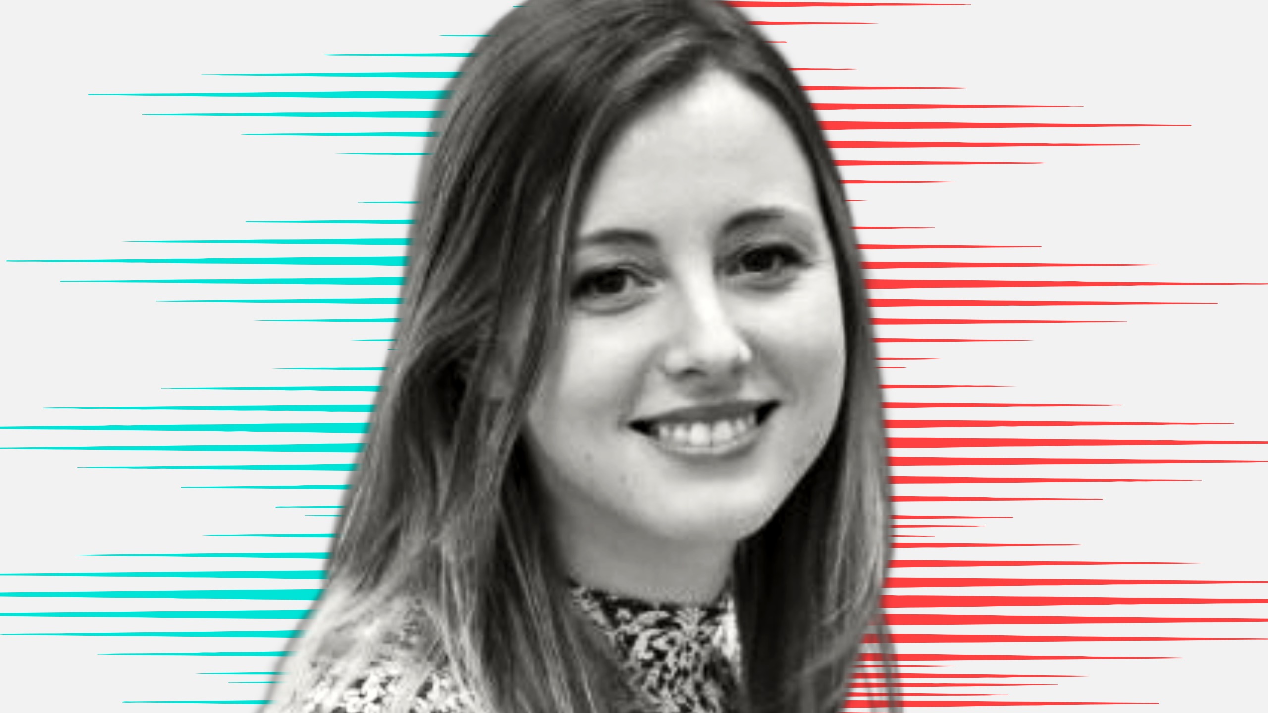 Black and white cut out head and shoulders portrait of Tamara Dewhirst on People Moves-style blue and red stripy background