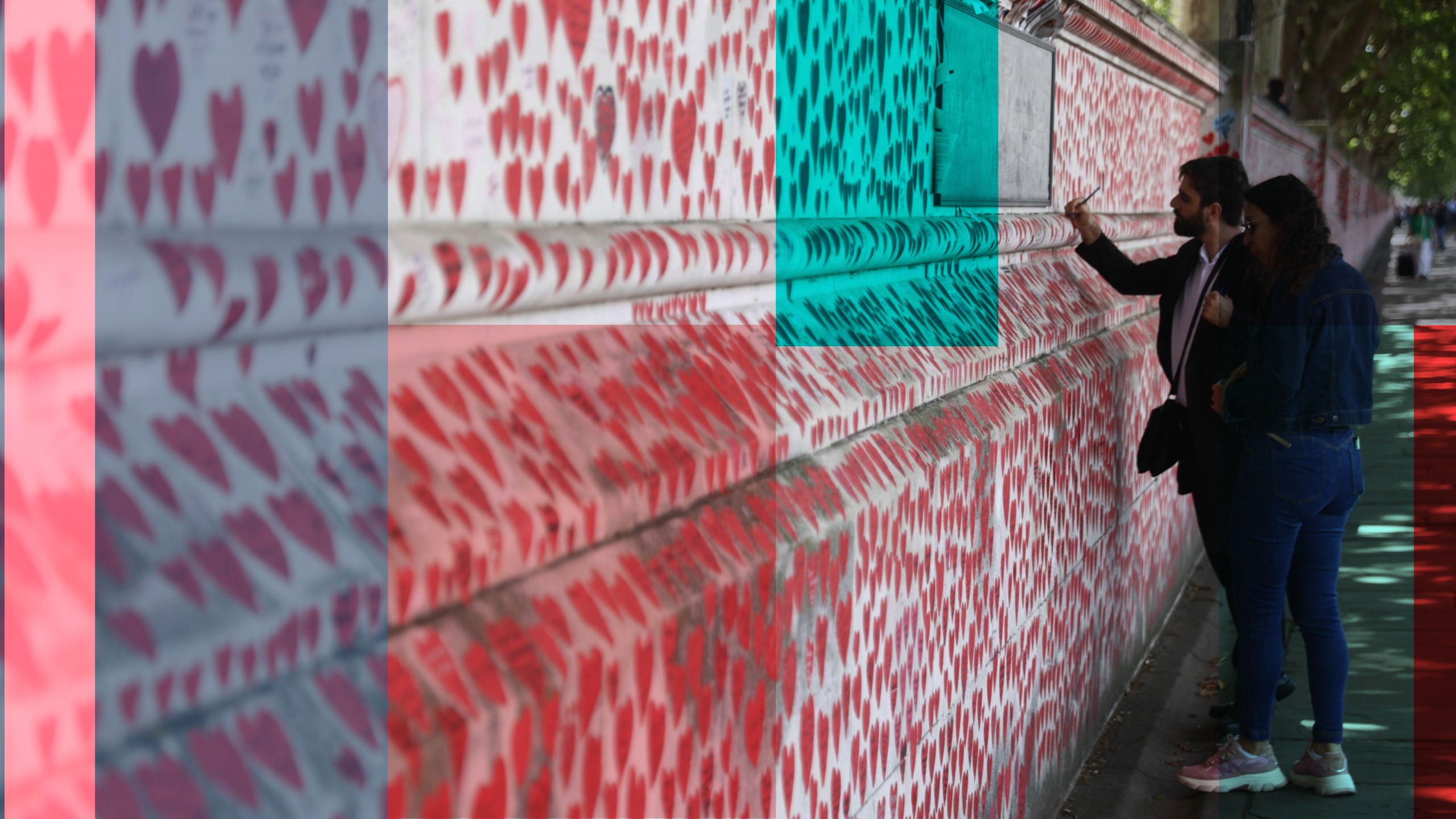Image of people signing the Covid wall in London, overlaid with blocks of red and turquoise, in In.Comms style