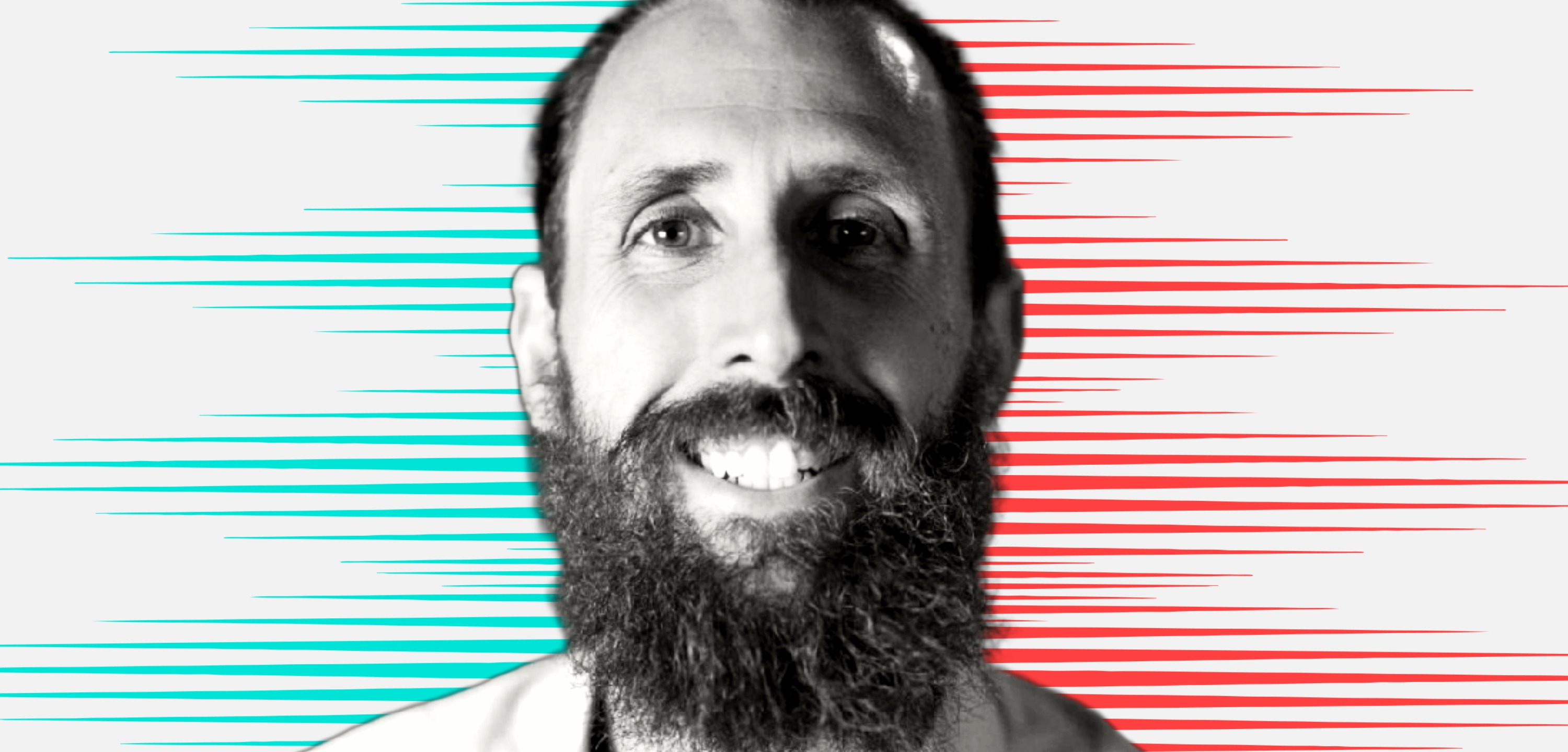 Black and white cut out head and shoulders portrait of Craig Saunders on People Moves-style blue and red stripy background