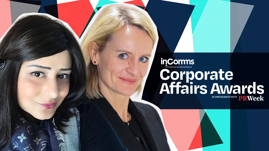 Victoria Durman and Doyel Maitra looking to camera next to a logo that says In.Comms Corporate Affairs Awards in partnership with PR Week 