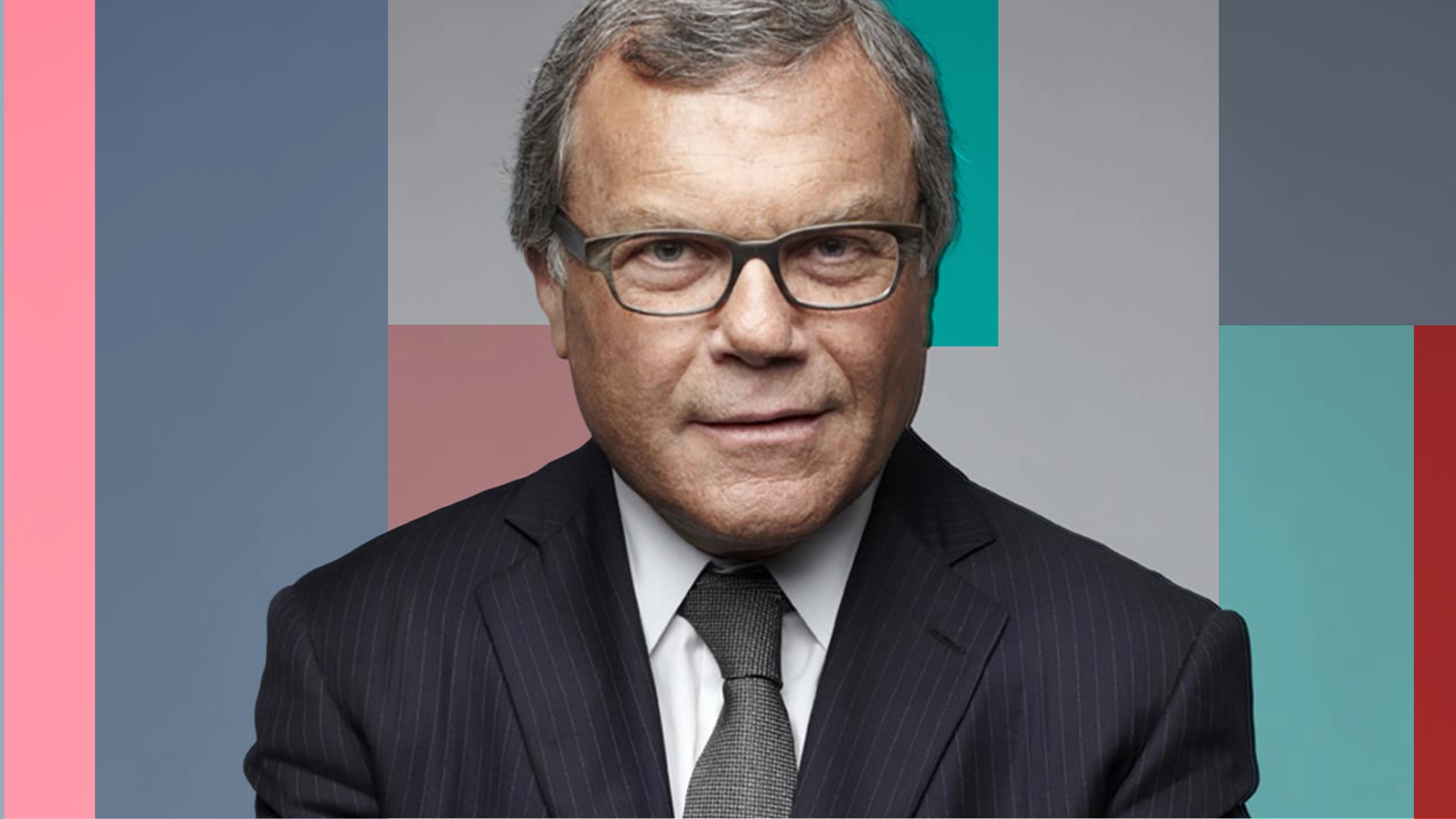 Cutout portrait of Martin Sorrell on a stylised incomms colour block background