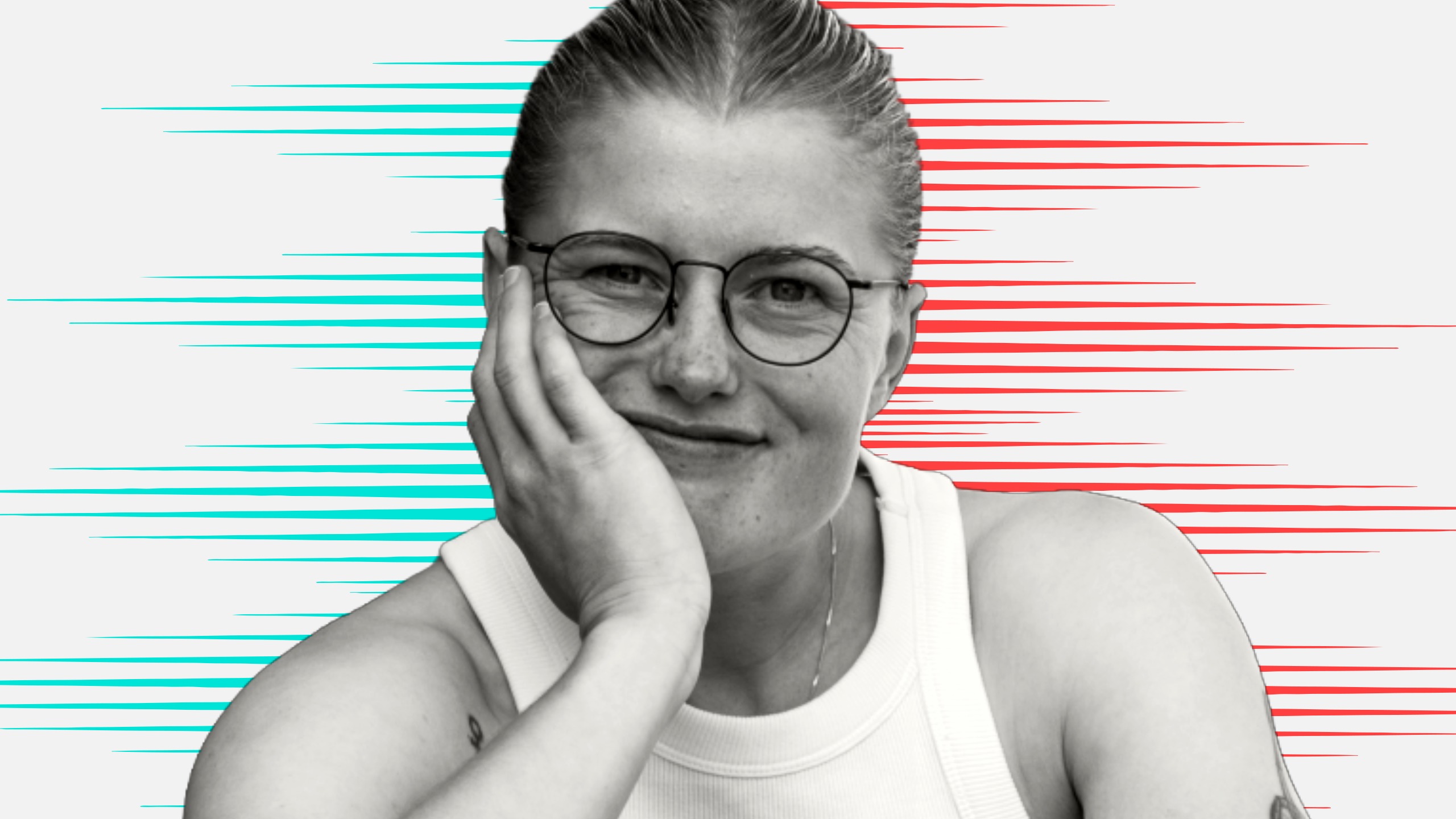 Black and white cut out head and shoulders portrait of Georgia Elander on People Moves-style blue and red stripy background