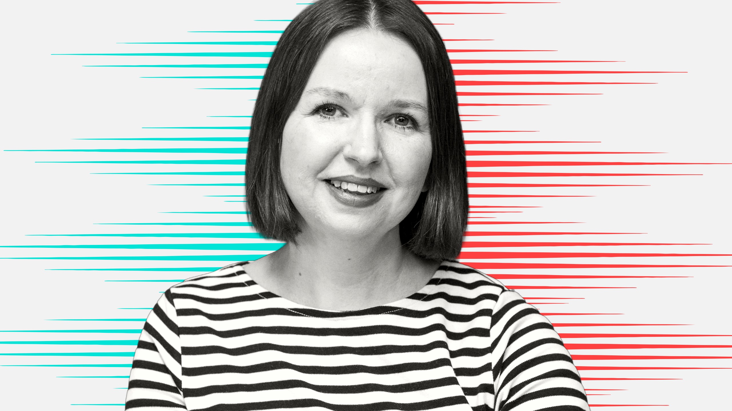 Black and white cutout of Cara McDonagh on stripy blue and red People Moves styled background