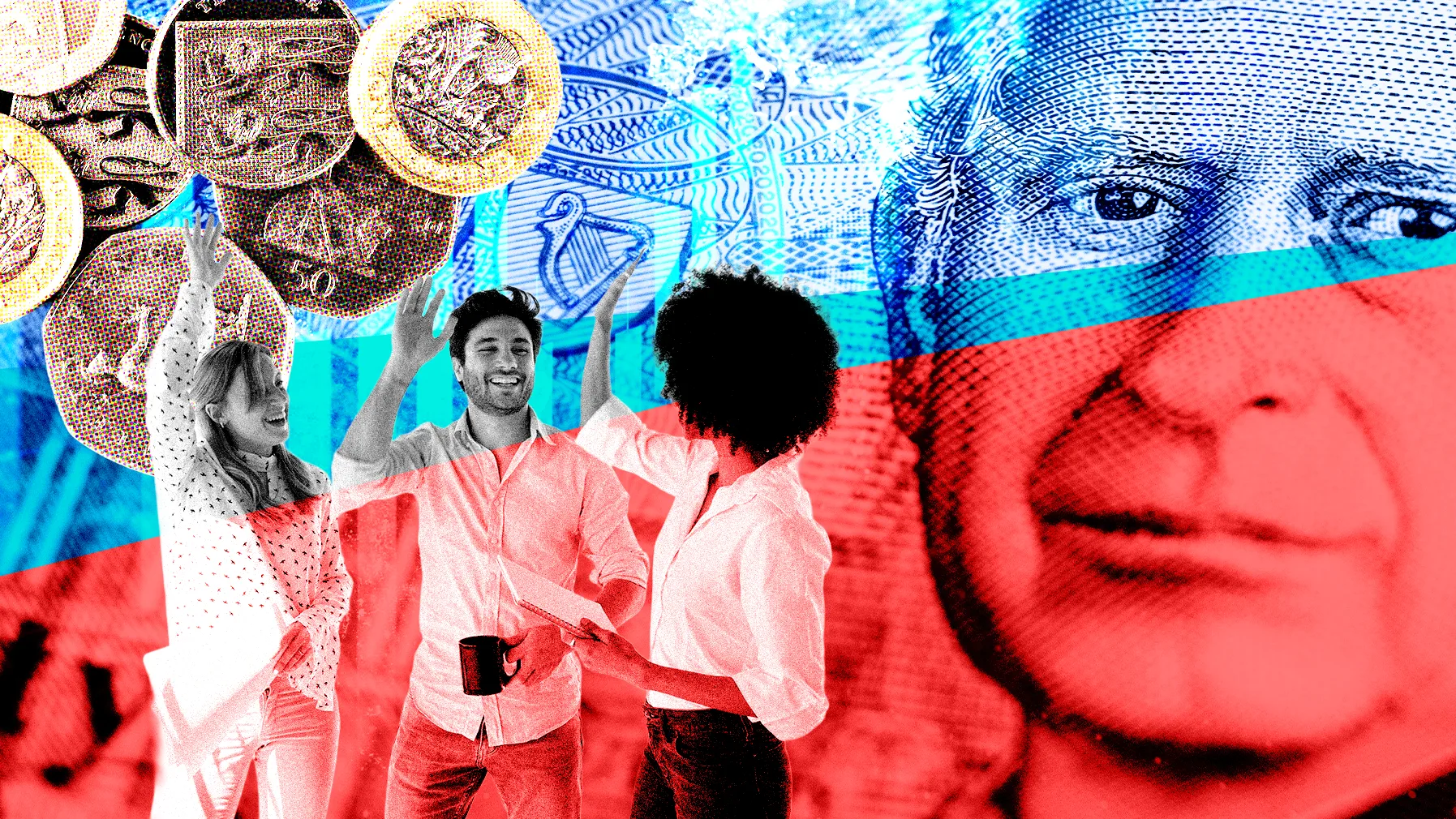 Stylish composite image: three office worker celebrating with high-fives; behind them in monotones are denominations of money including coins and a note with the face of King Charles prominent